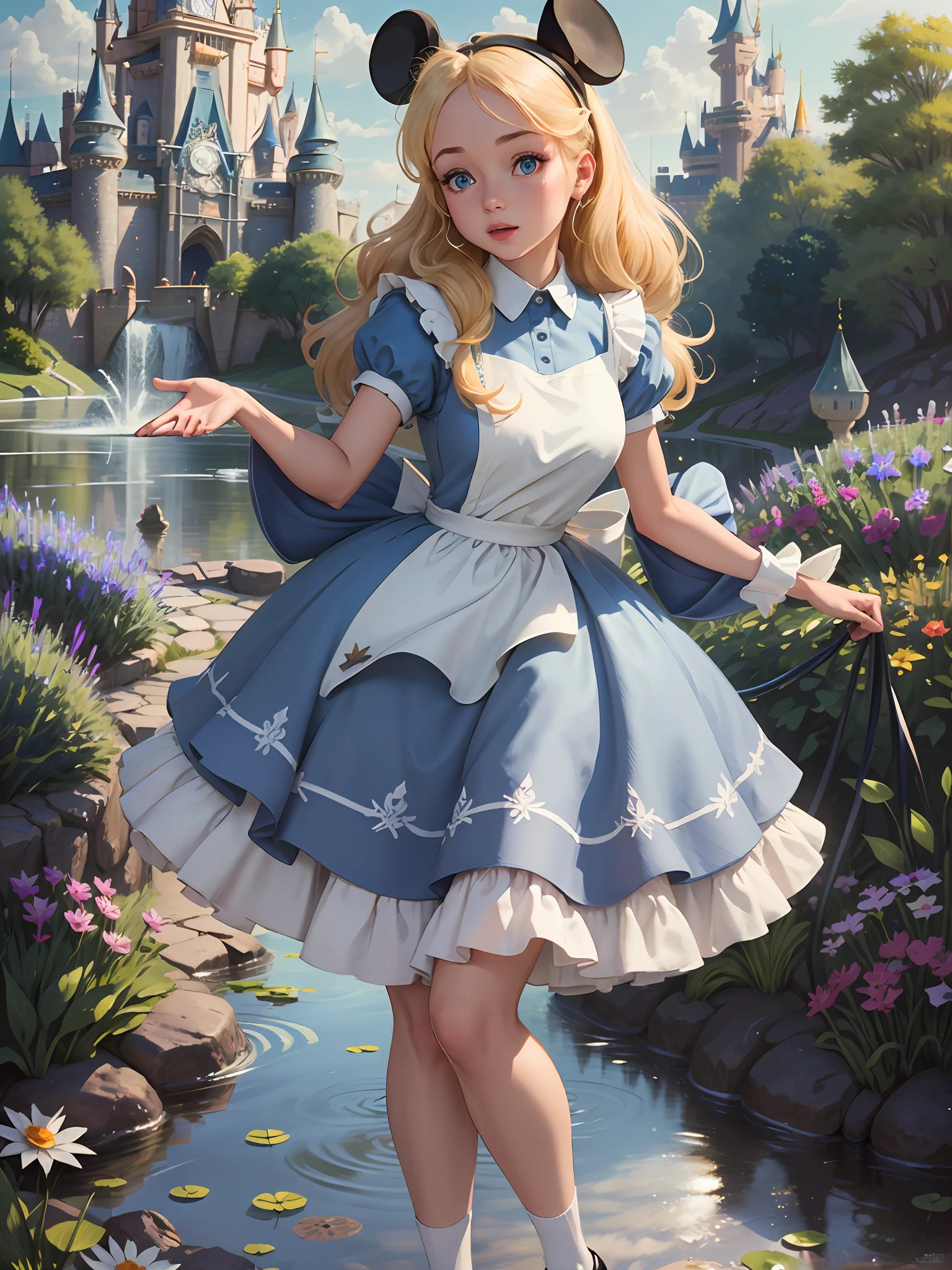 (masterpiece), (best quality), (extremely detailed), alice liddell, blue dress, white apron, black hairband, white long socks, cute pose, in a flower garden, (pond), (((disney castle at the background))), (blue sky), (sunny day), 3d. Illustration, Good Highlights, Perfect Proportions, dynamic, Professional, Award winning, (high detailed skin), (high detailed face), photorealistic, HDR, ultra highres, absurdres,