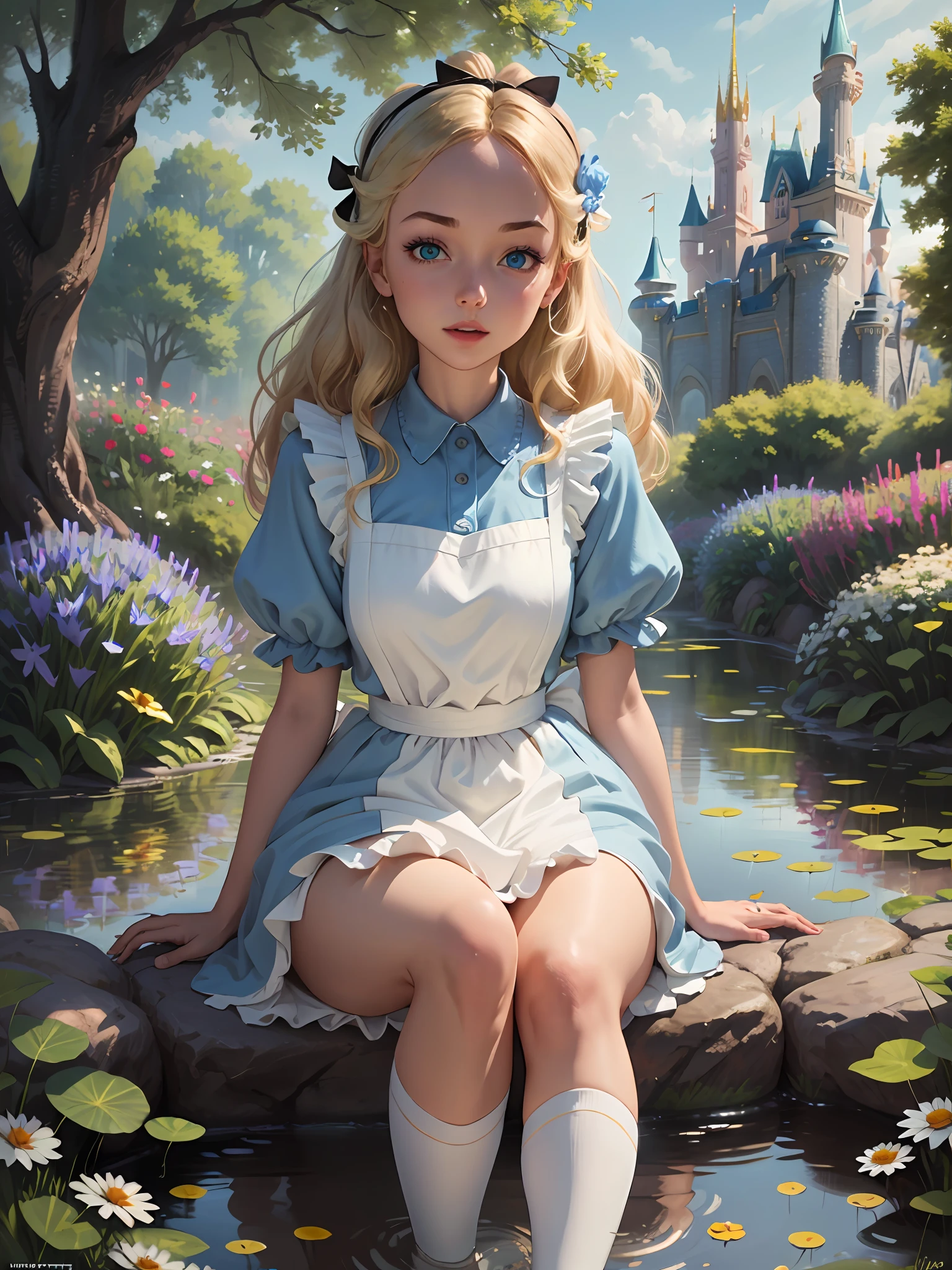 (masterpiece), (best quality), (extremely detailed), alice liddell, blue dress, white apron, black hairband, white long socks, cute pose, in a flower garden, (pond), (((disney castle at the background))), (blue sky), (sunny day), 3d. Illustration, Good Highlights, Perfect Proportions, dynamic, Professional, Award winning, (high detailed skin), (high detailed face), photorealistic, HDR, ultra highres, absurdres,