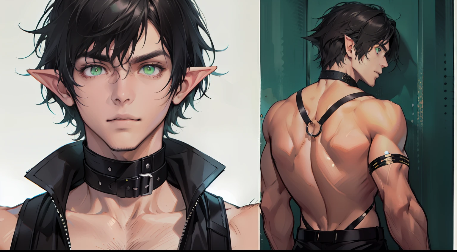 (absurdres, highres, ultra detailed), 1 male, elf adult, handsome, tall slender guy, narrow eyes, narrow shoulders, finely detailed eyes and detailed face, messy shaggy black hair, side bangs, bangs, green eyes, sexy twink, shirtless, final fantasy 14, dog collar, full body shot, backside, back view, submissive expression, bad boy