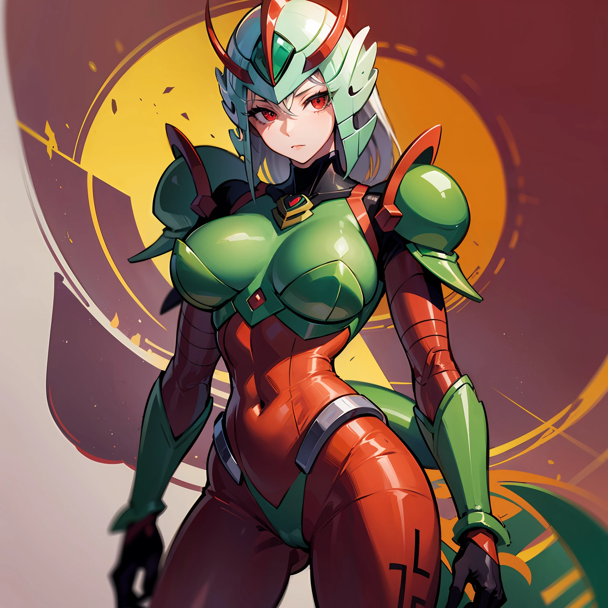 Cartoon photo of woman in green and red costume, hot insect humanoid woman, Guyver style, SFW version, red eye, scarab reploid, bellows tail, cel shade adult animation, alien queen, serpentine pose,