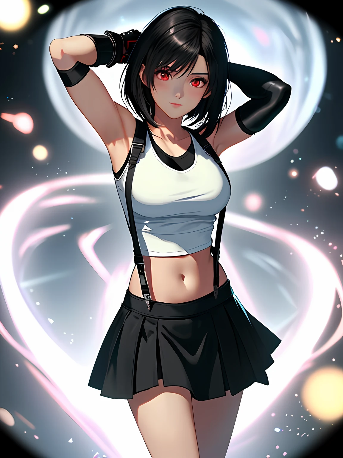 8k,masterpiece, bset quality,big, (1 girl), tifa lockhart, red_eyes, black hair, long hair, professional lighting, (shiny skin: 1.2), shiny big, ((best quality)), sharp focus: 1.2, highly detailed face and skin texture, detailed eyes, perfect face, perfect body, blur art, cg, backgroundBig with presence, 20yo, mature cool and beautiful face, worn ((Suspender Black Skirt), Black Elbow Gloves, White Taut Shirt, Tsi-Hi, White Tank Top), Blushing, Dynamic Pose, (Mittgal), Floating Hair, Random Pose, Short Cut Hair