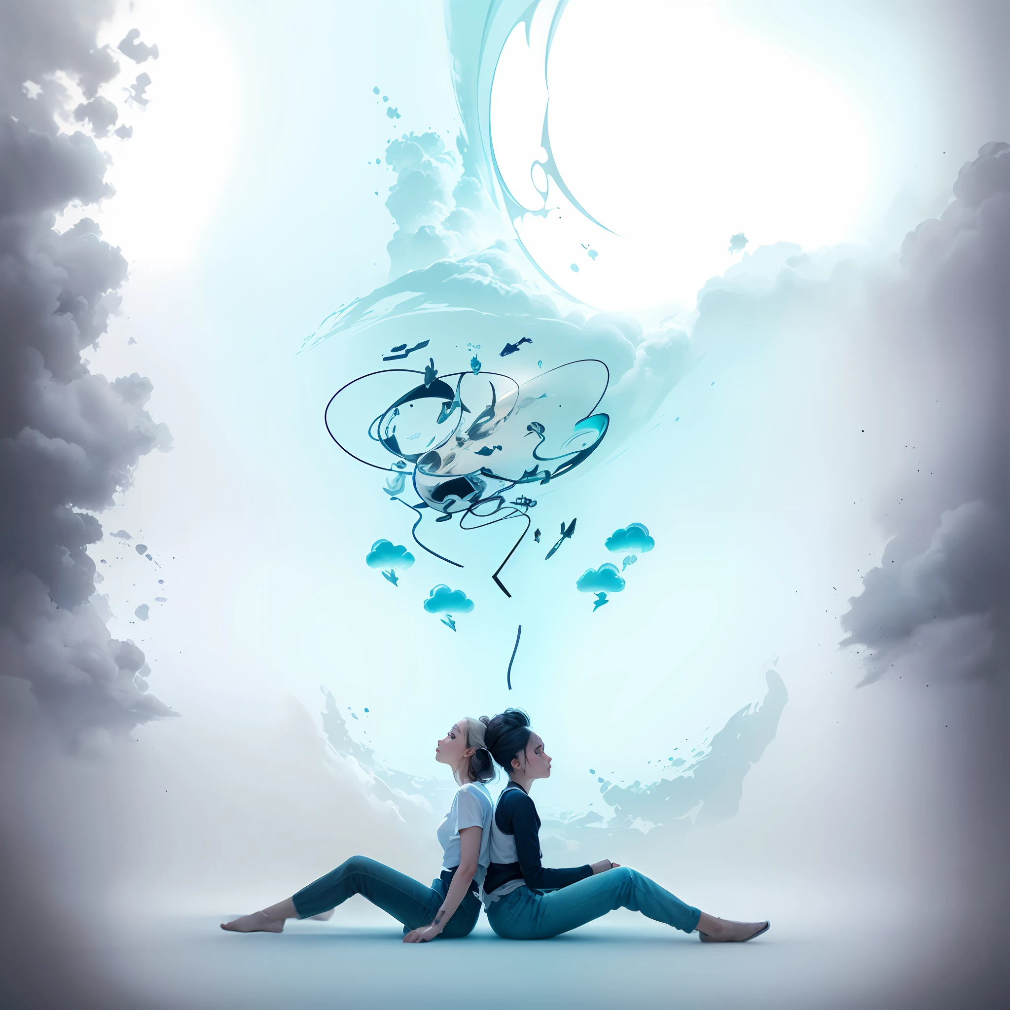 two women sitting on the floor with a drawing of a man and a woman, promotional art, thinking pose, dramatic thinking pose, promotional image, thoughtful), ad image, thinker pose, full image, expressive pose, thoughtful, next generation, looking at each other without thinking, artistic interpretation, artistic impression, generation z, expressive poses, photo shoot, thoughts, swirling, clouds thoughts with.rays, inside an empty room, face in hand, hiding face, action of sadness