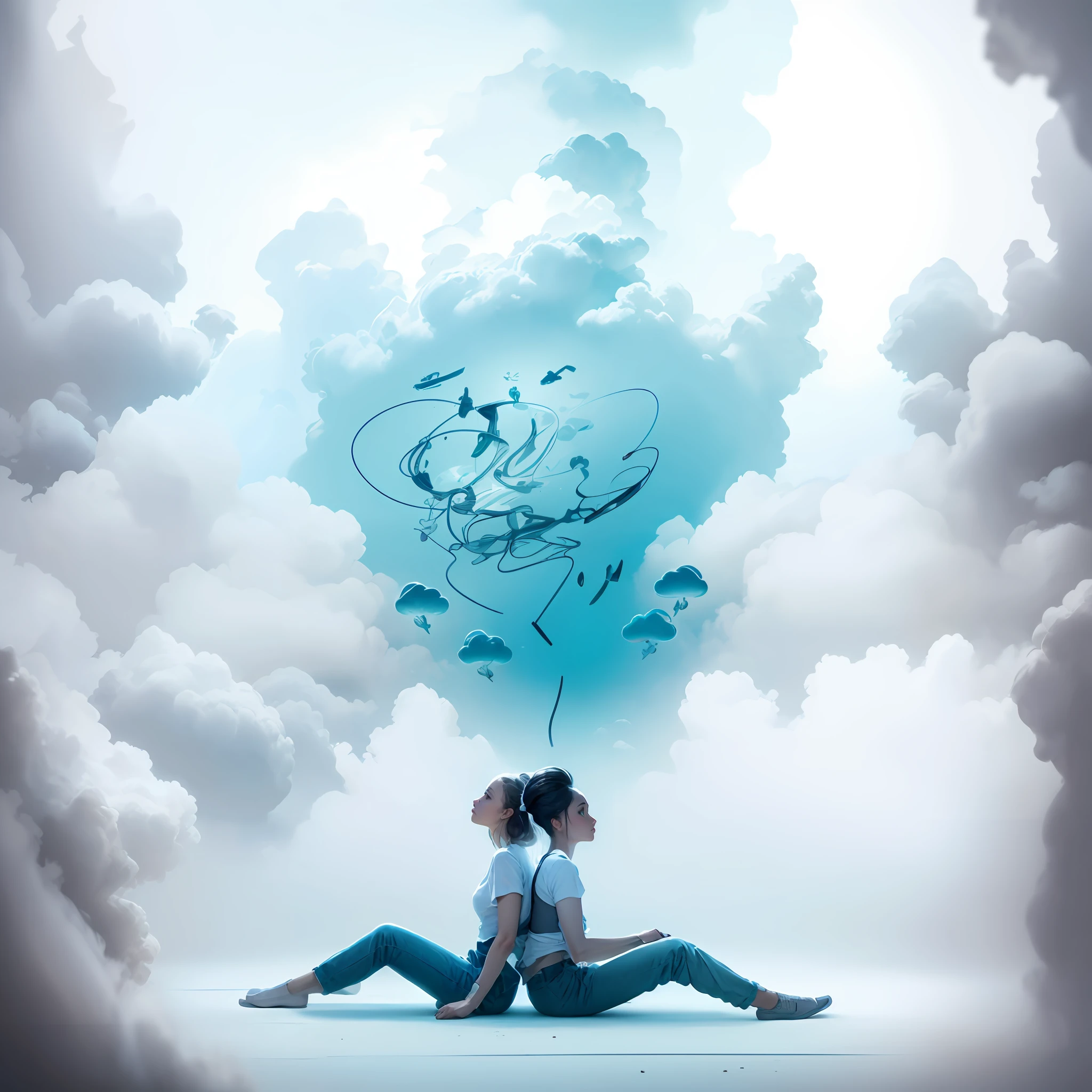 two women sitting on the floor with a drawing of a man and a woman, promotional art, thinking pose, dramatic thinking pose, promotional image, thoughtful), ad image, thinker pose, full image, expressive pose, thoughtful, next generation, looking at each other without thinking, artistic interpretation, artistic impression, generation z, expressive poses, photo shoot, thoughts, swirling, clouds thoughts with.rays, inside an empty room, face in hand, hiding face, action of sadness