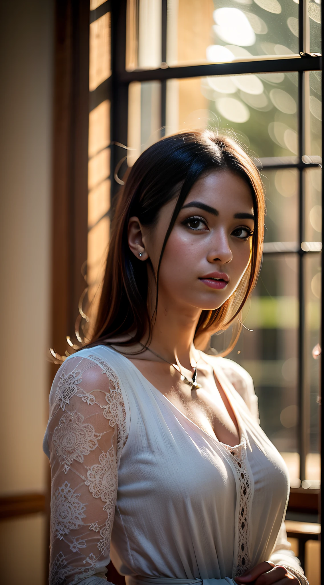 stunnig girl look for out, standing by the grand table with amazing tableclothes. sun rays through of a neoclassical big window at blue hour. depht-of-field, bokeh, (frontlighting:1.2), (backlighting:0.75), (fill light:0.9), bloom, chromatic aberration, (lens flare:1.2), masterpiece, winning photo,
