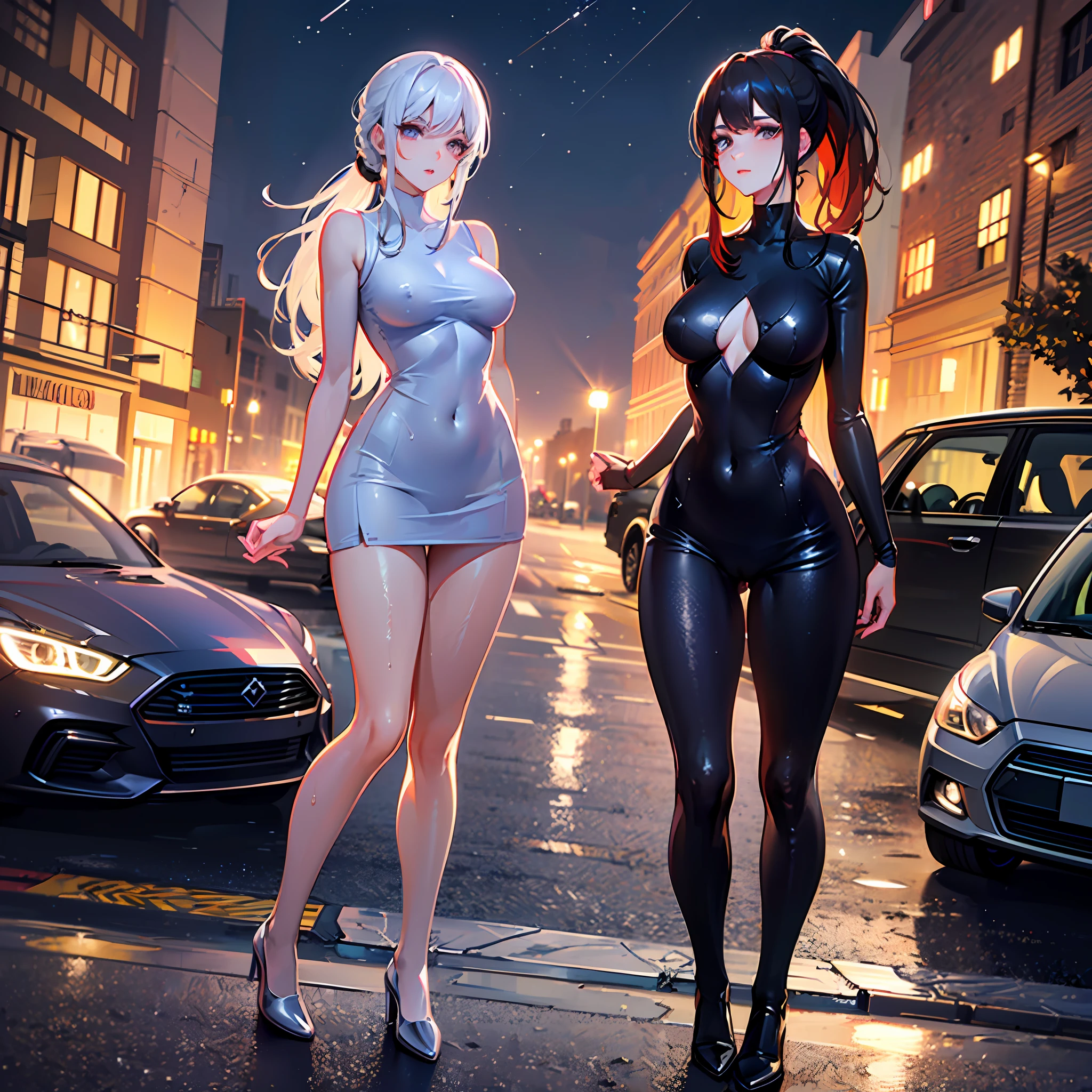 ((Russian girls, adults, big breasts, small head)), night lights, moon, neon lights, car headlights, (perfect body: 1.1), (ponytail: 1.2), full body shot, crowded streets, ((wearing a modern dress (tight and wet and transparent)), (miniskirts, car encounters)), (very detailed CG 8k wallpaper), (very delicate and beautiful), (masterpiece), ( Best Quality: 1.0), (Ultra High Definition: 1.0), Beautiful Lighting, Steep Nipples, Camel Toe, Perfect Lightning Bolt, Pulling Skirt, Realistic Shadows, [High Resolution], Detailed Skin, Ultra Detailed, Mole, Angle Dynamic, Composition Looking Up from Below, White Panties, Navel Out, Right Knee Upright, --auto