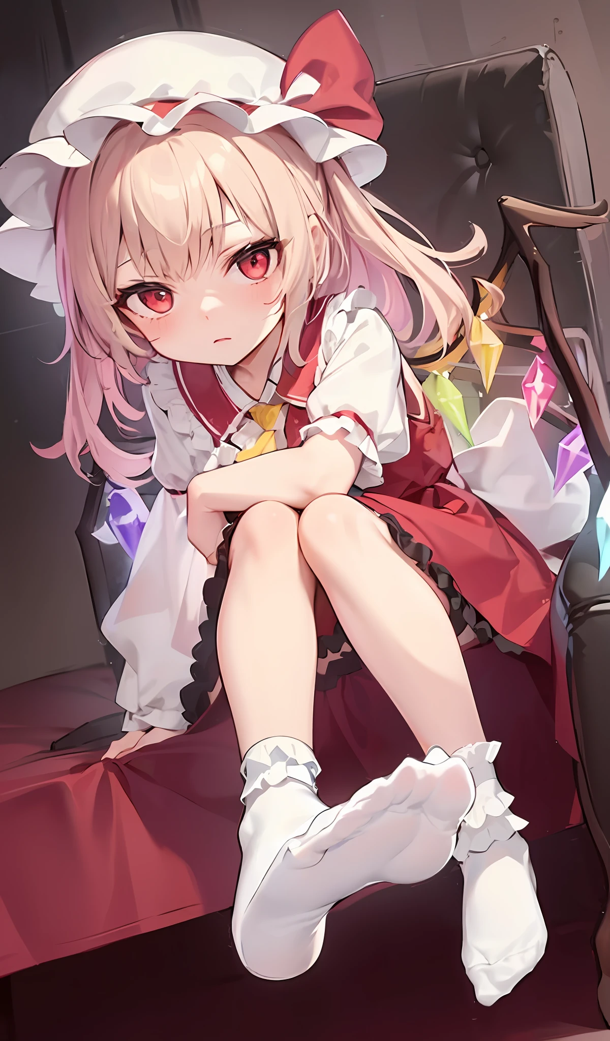 1girl,ankle_socks,bobby_socks,bow_(weapon),crossed_ankles,frilled_dress,frilled_legwear,frilled_skirt,frills,full_body,gohei,knees_up,legs,legs_together,legs_up,loose_socks,lower_body,no_shoes,red_dress,red_skirt,sitting,skirt,socks,solo,tabi,white_legwear,wings,flandre_scarlet