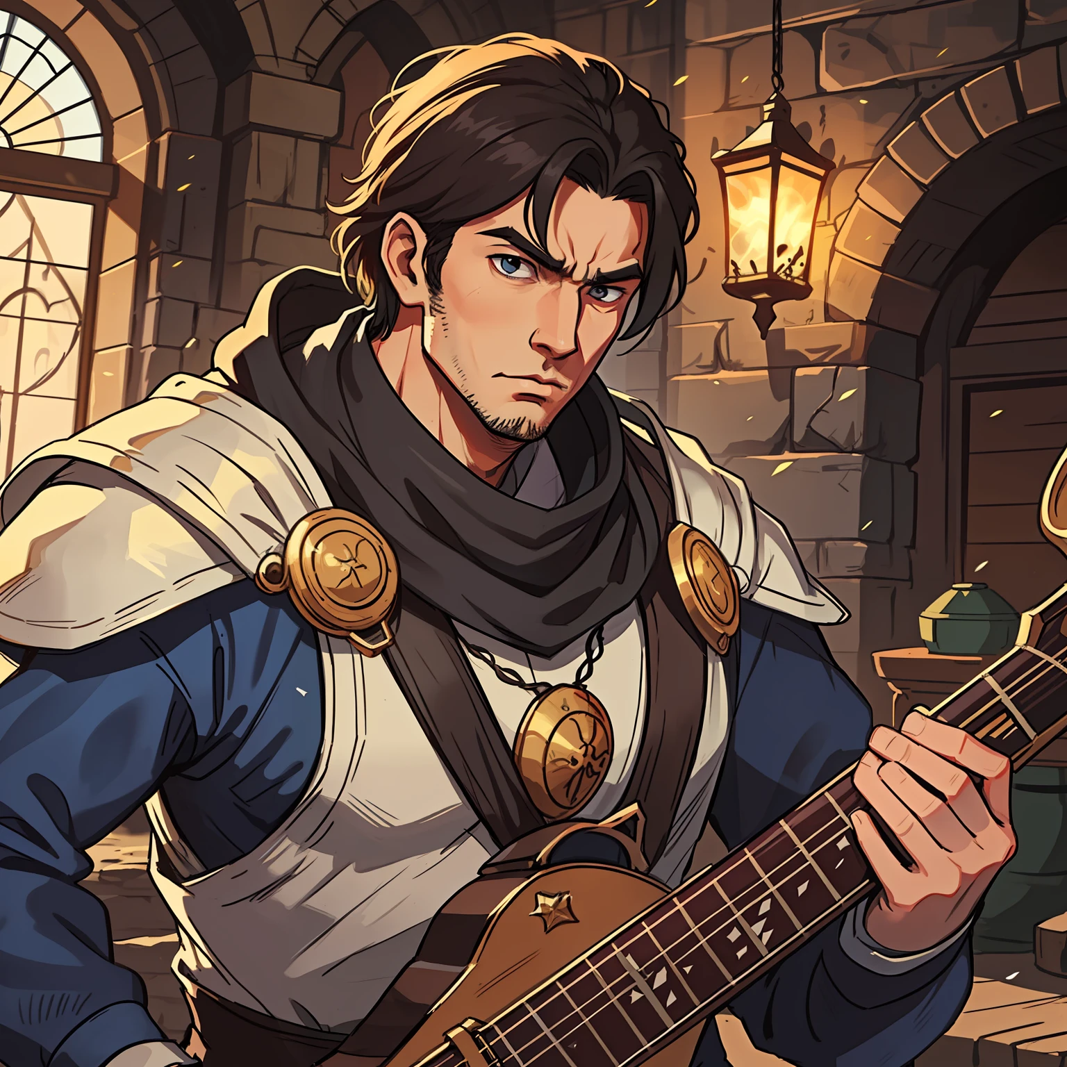 A bard man with noble clothes and a strong body and great masculine traits very strong this bard is a character for a medieval RPG