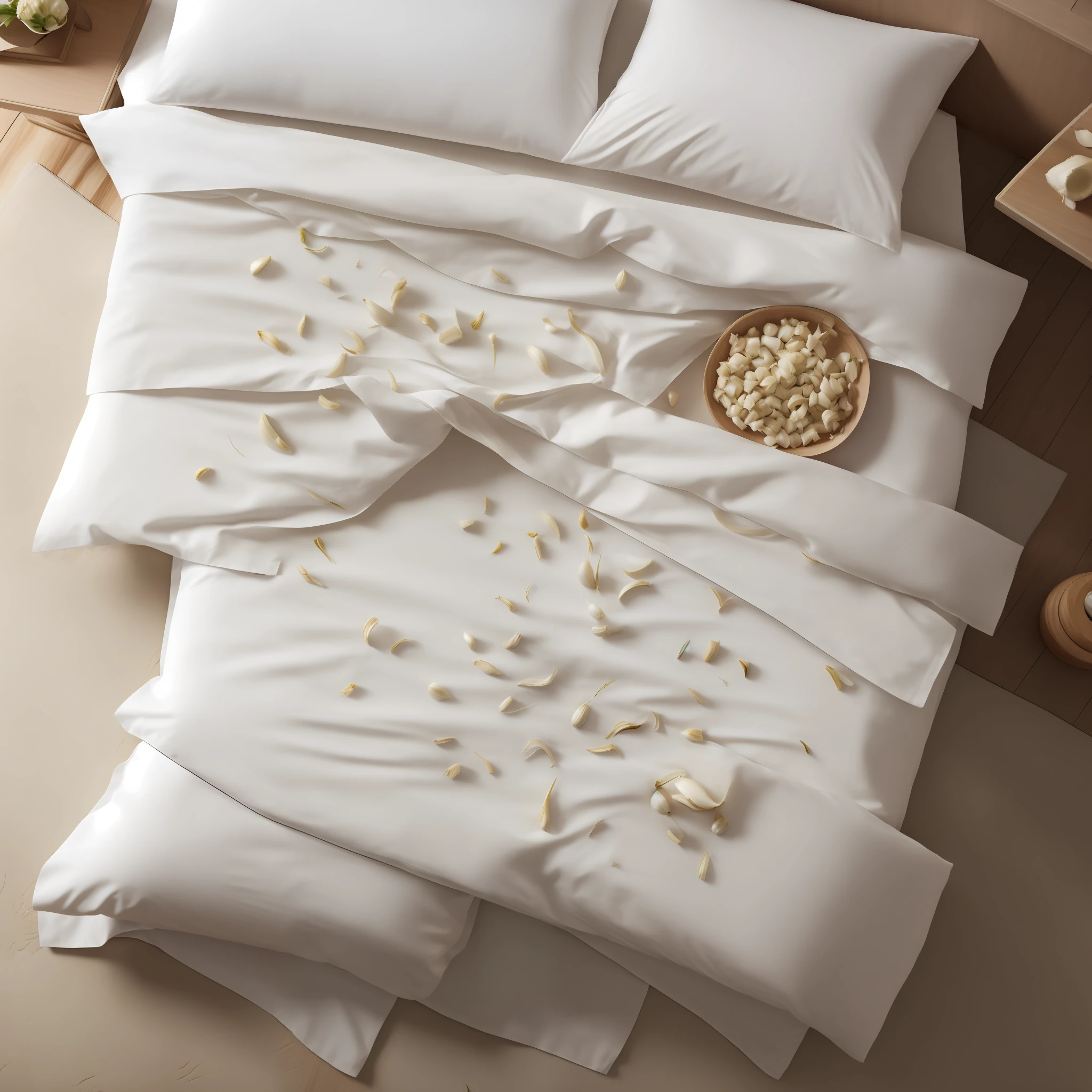 A clove of garlic on the bed with pillow on top, ultra-realistic, garlic under the pillow, light bed sheets, garlic in peel, pillow, sheet, garlic, folded sleepwear