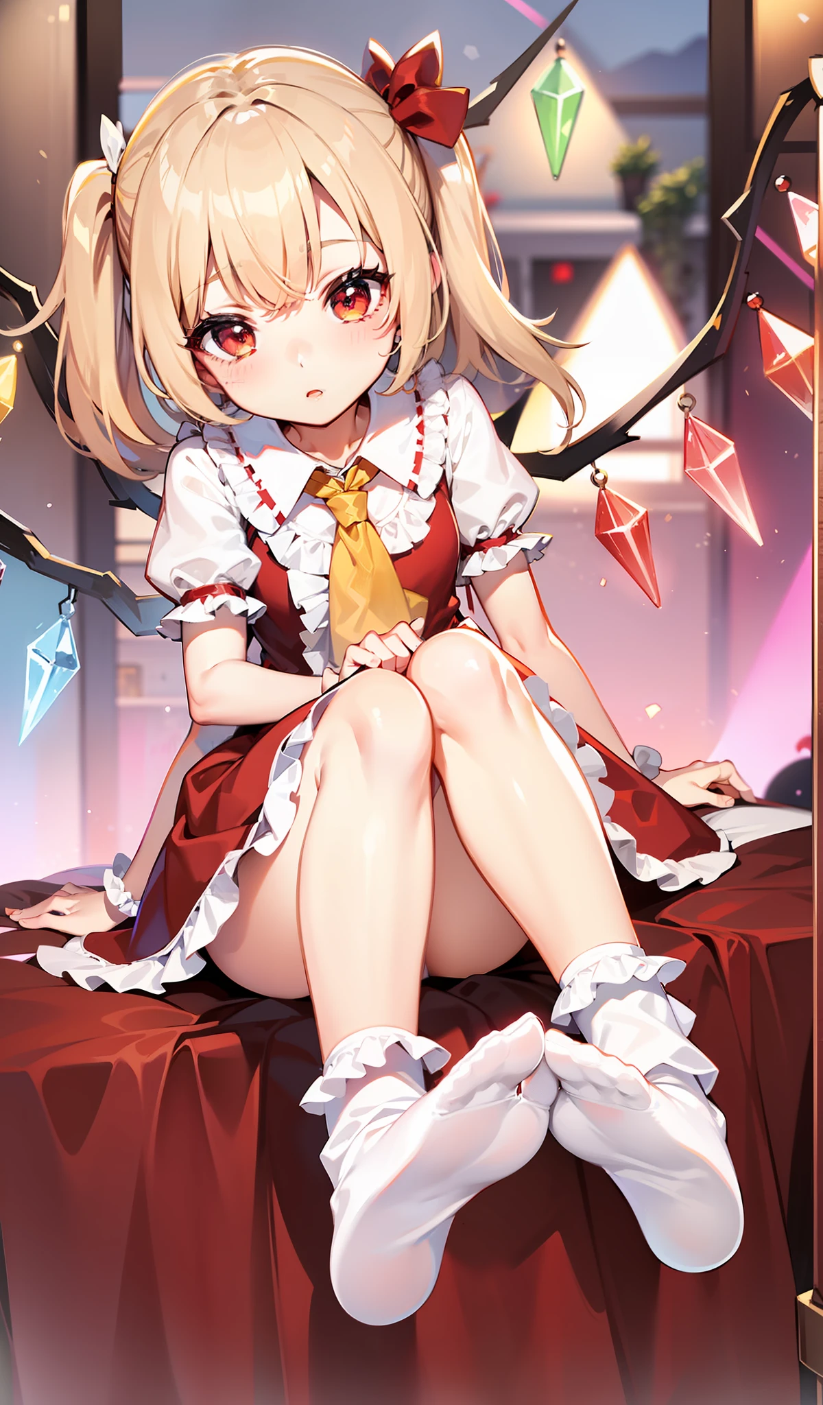1girl,ankle_socks,bobby_socks,bow_(weapon),crossed_ankles,frilled_dress,frilled_legwear,frilled_skirt,frills,full_body,gohei,knees_up,legs,legs_together,legs_up,loose_socks,lower_body,no_shoes,red_dress,red_skirt,sitting,skirt,socks,solo,tabi,white_legwear,wings,flandre_scarlet