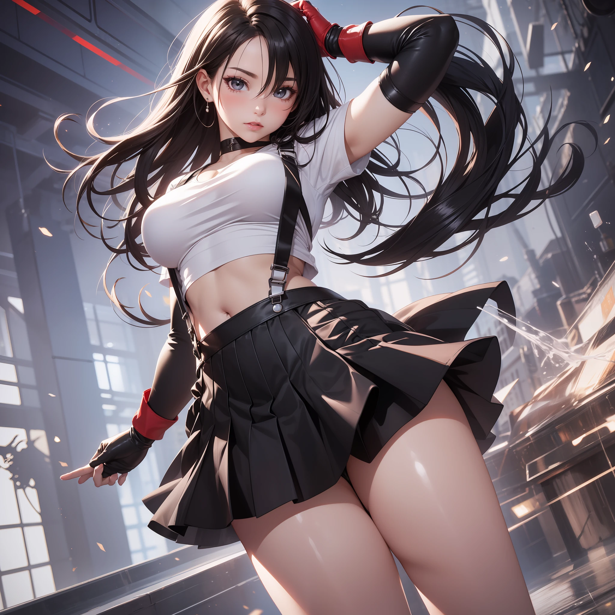 8k,masterpiece, bset quality,big, (1 girl), tifa lockhart, red_eyes, black hair, long hair, professional lighting, (shiny skin: 1.2), shiny big, ((best quality)), sharp focus: 1.2, highly detailed face and skin texture, detailed eyes, perfect face, perfect body, blur art, cg, background, Big with presence, 20yo, mature cool and beautiful face, worn ((Suspender Black Skirt), Black Elbow Gloves, White Taut Shirt, Tsi-Hi, White Tank Top), Blushing, Dynamic Pose, (Mittgal), Floating Hair, Random Pose ((Short Hair))