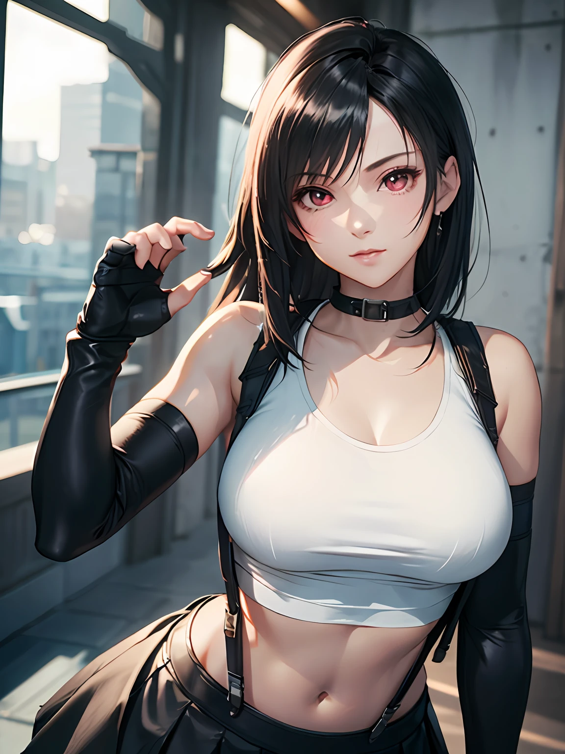 8k,masterpiece, bset quality,big, (1 girl), tifa lockhart, red_eyes, black hair, long hair, professional lighting, (shiny skin: 1.2), shiny big, ((best quality)), sharp focus: 1.2, highly detailed face and skin texture, detailed eyes, perfect face, perfect body, blur art, cg, background, Big with presence, 20yo, mature cool and beautiful face, worn ((Suspender Black Skirt), Black Elbow Gloves, White Taut Shirt, Tsi-Hi, White Tank Top), Blushing, (Mittgal), Random Pose, Shortcut Hair Shortcut