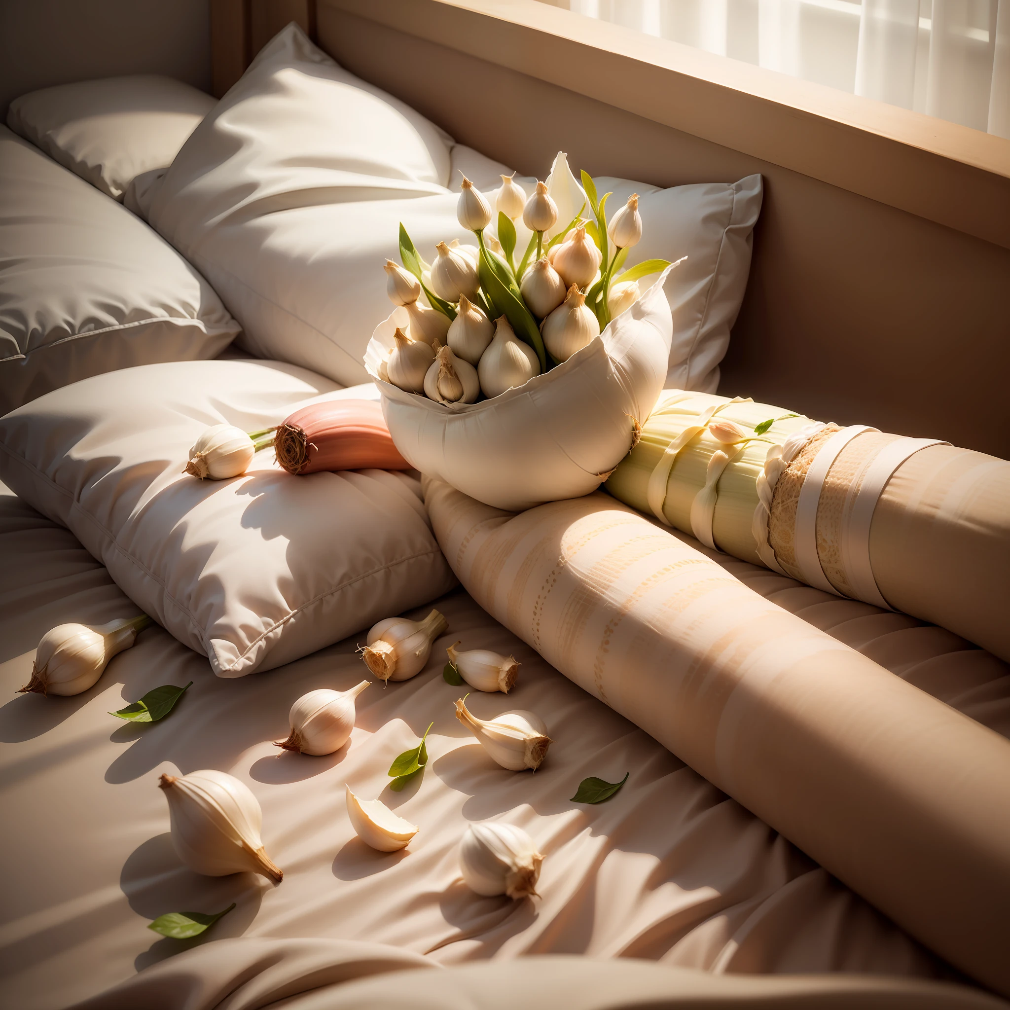 A clove of garlic in bed with pillow on top, ultra-realistic, garlic under the pillow, light bed sheets, garlic in peel, 3 cloves of garlic, loose garlic cloves,