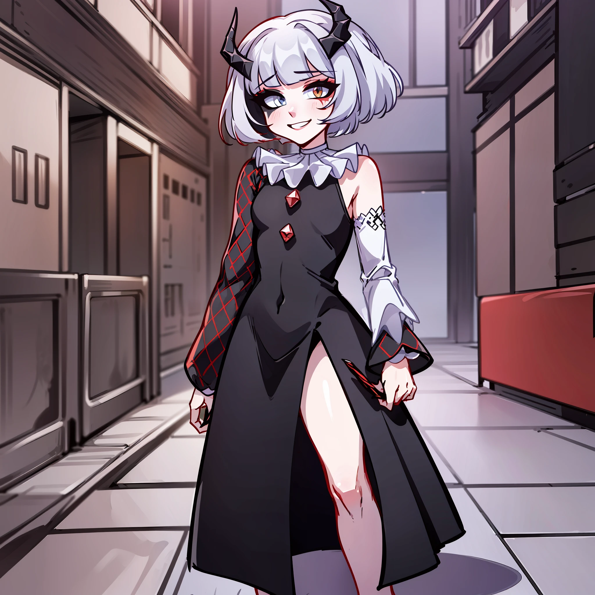 (Best quality: 1.0), (super high res: 1.0), extremely detailed character, detailed Hands, half-dragon girl, horns, scales on the neck, scales on the shoulders, scales on the forearm, scales on the cheek, girl with dragon tail, dragon tail, extremely detailed hair, short hair, ((white hair)), ((black locks)), extremely detailed eyes, eye with different colors, heterochromia, white right eye and black left eye,  dragon eyes, 2d, anime art, (()), ((full body)), standing, medieval, rpg, small, piercing look, psychopathic look, psychopath, psychopathic smile