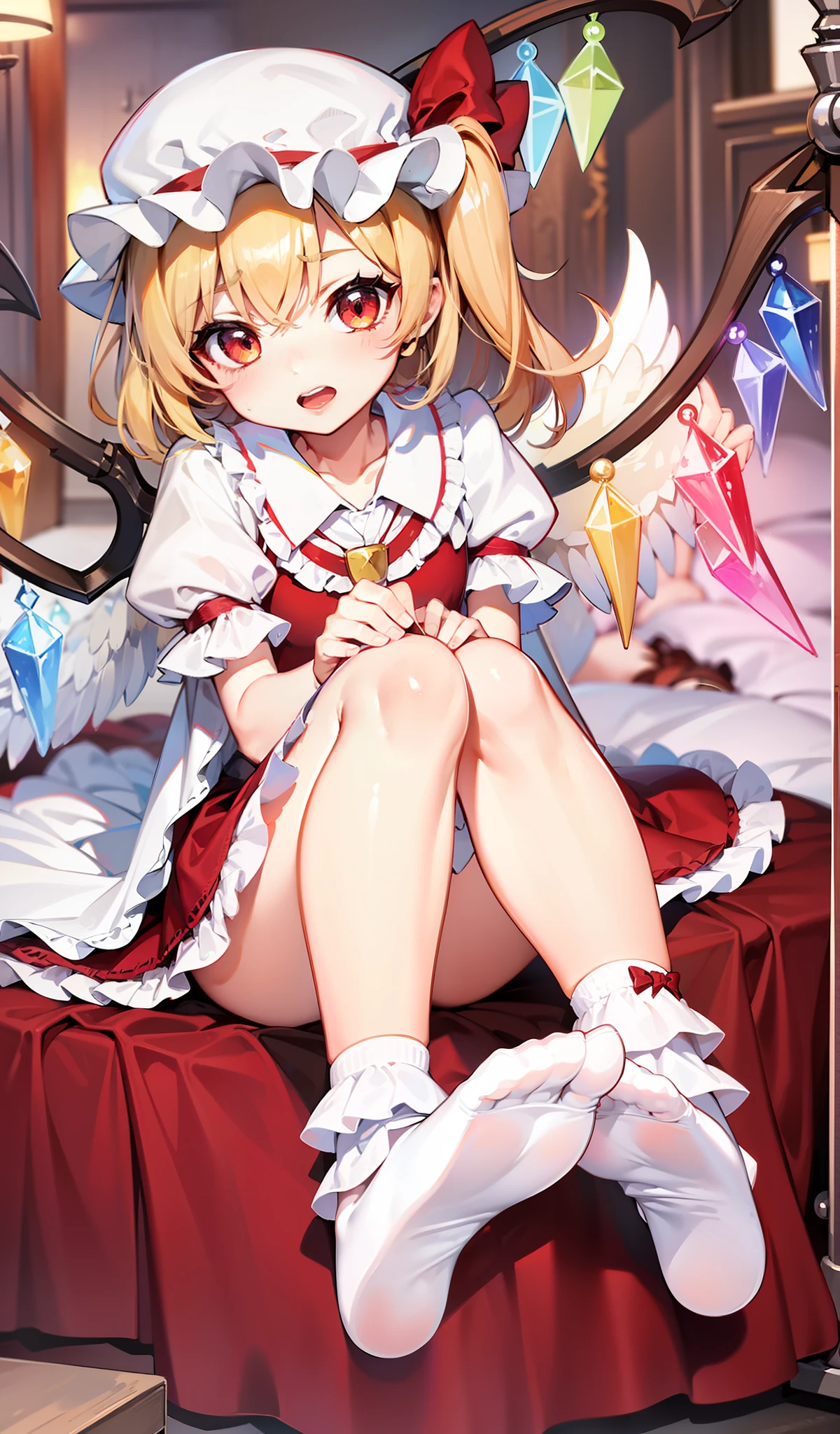 1girl,ankle_socks,bobby_socks,bow_(weapon),crossed_ankles,frilled_dress,frilled_legwear,frilled_skirt,frills,full_body,gohei,knees_up,legs,legs_together,legs_up,loose_socks,lower_body,no_shoes,red_dress,red_skirt,sitting,skirt,socks,solo,tabi,white_legwear,wings,flandre_scarlet