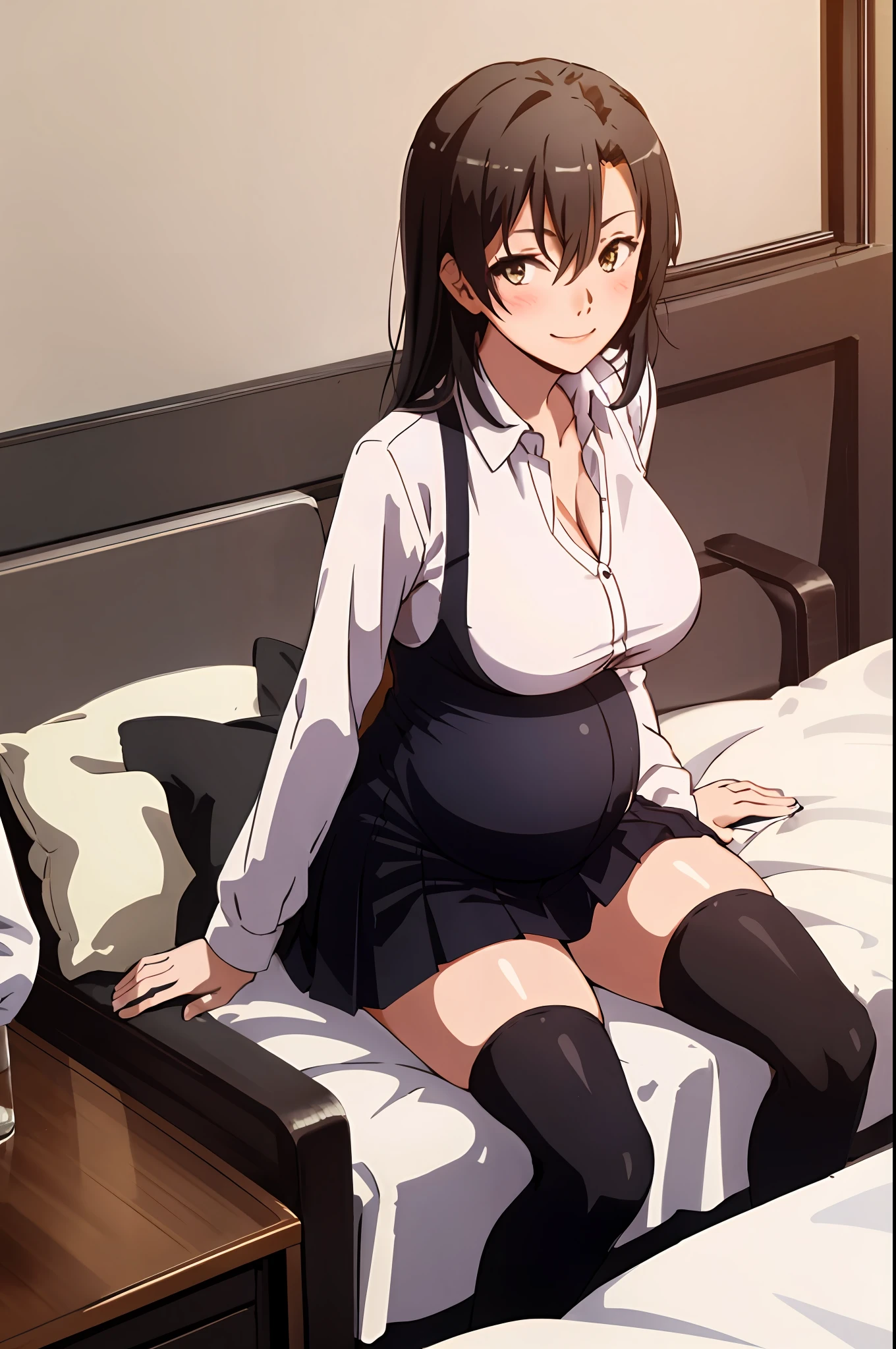 Shizuka Hiratsuka, 1girl, ((pregnant)) solo, ((white shirt)), black thighhighs, breasts, cleavage, uniform, office background, black skirt, pleated skirt, office, hair between eyes, large breasts, long hair, looking at viewer, black hair, solo, thighhighs, thighs, long hair, ((masterpiece)), sitting, bedroom, bed, window, pillow, blush, sexy pose, smile,