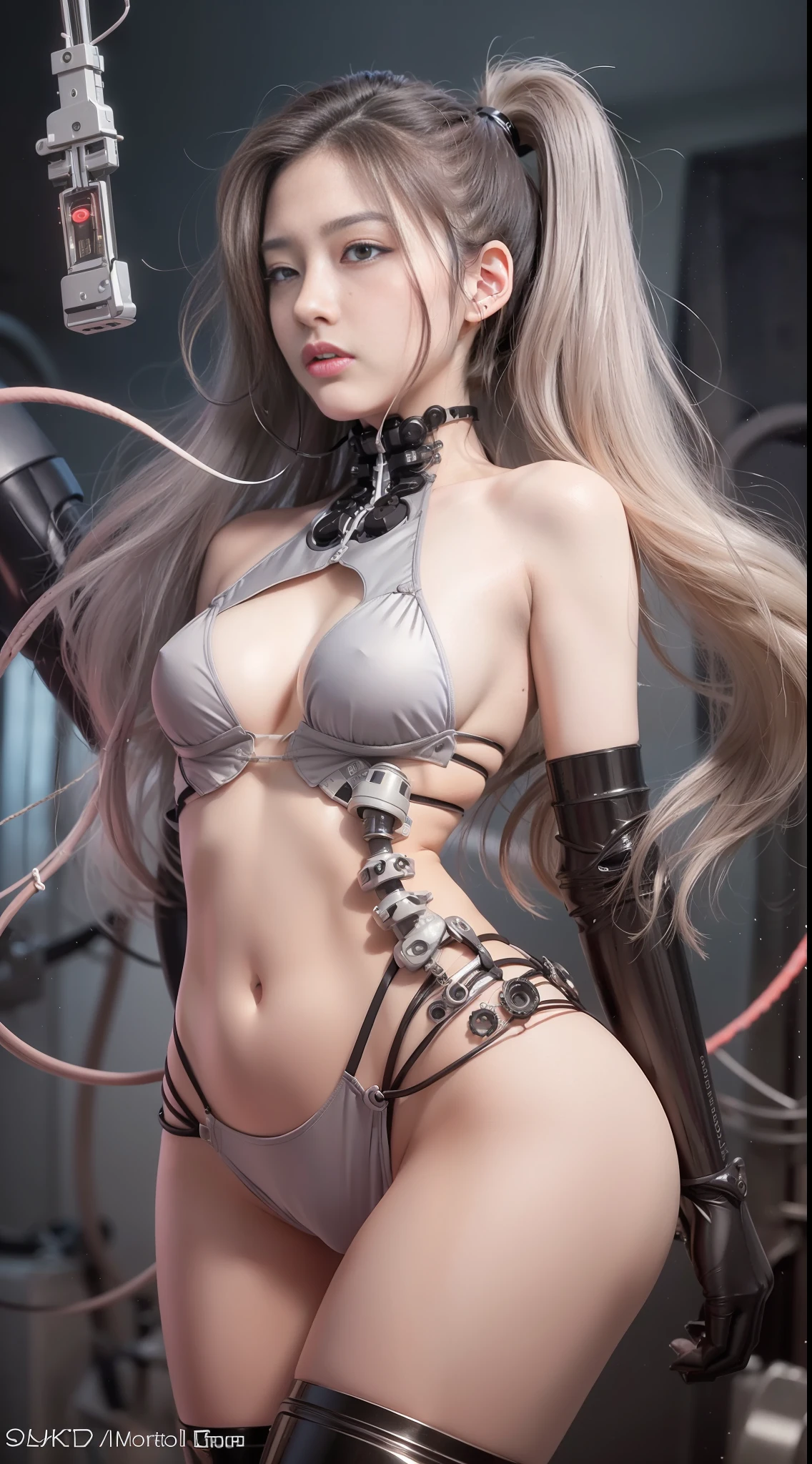 Beautiful Face,Face is Japan, 1 Woman, Big, Curvaceous, (8k, RAW Photo, Best Quality, Masterpiece: 1.2), (HDR, Realistic, Photorealistic: 1.37) (Blood vessel attached to tube), (Bikini Cyborg Robot Parts)))), (Light Grey Hair), Long Hair, Wavy Hair, Twin Tails, Medium Shot, ( Seductive smile)), (black eyes), princess cut,from below,(whole body),posing,,inside the lab,( blood vessel connected to a tube),((mechanical vertebrae attached to the back)),((mechanical neck attached to the neck)),(wire cable attached to the head and body),(character focus),science fiction,perfect female figure,perfect anatomy,ultraanatomy, Full body shot, crotch opening,, nipple