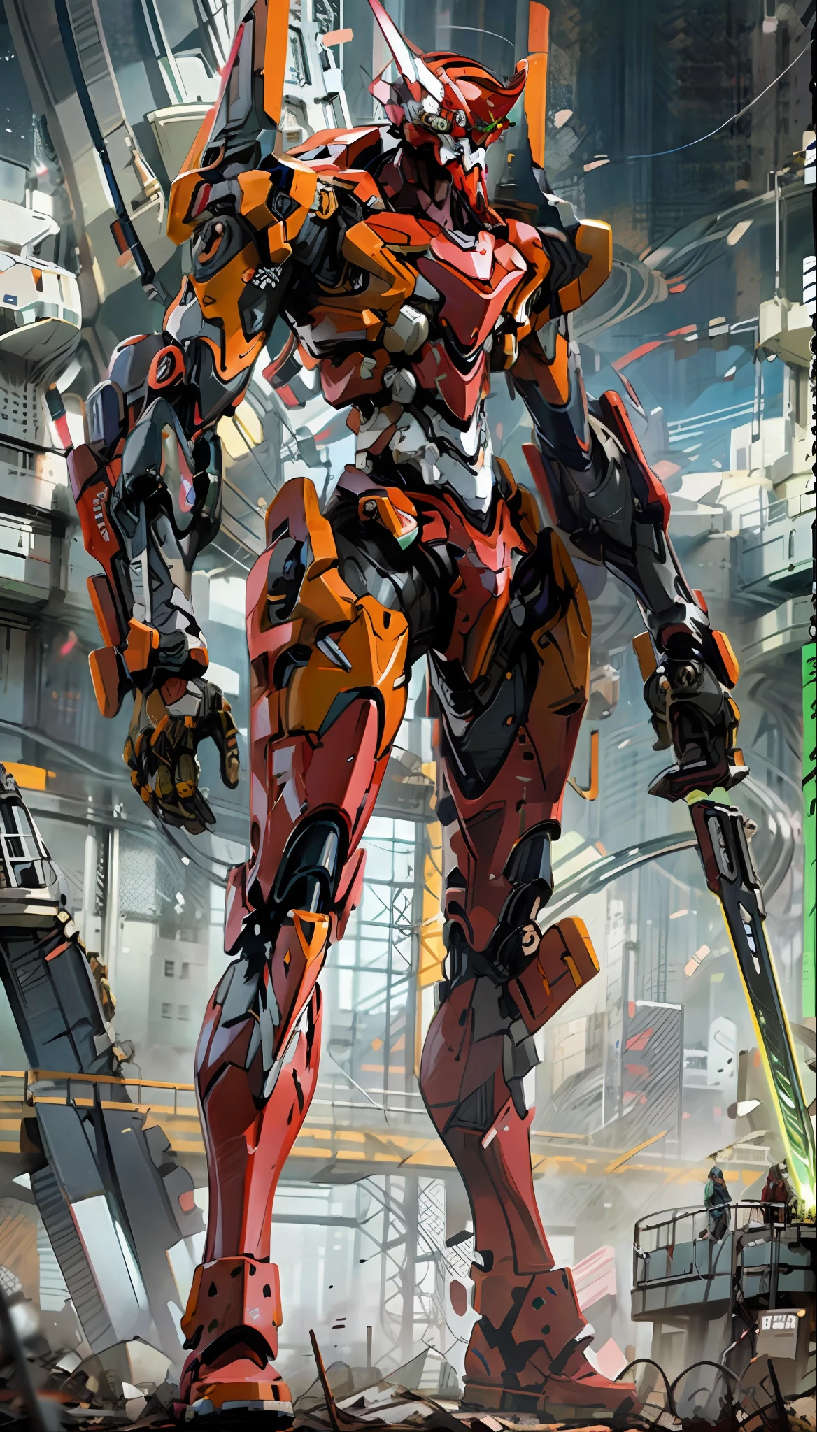 Eva 02, Eva, Evangelion mecha, science fiction, look viewer, (official art, best quality, masterpiece: 1.2), Illustrations, high resolution, beautiful abstract background, futuristic, comic book style, mecha, handheld weapon, lightsaber, depth of field, wide angle,