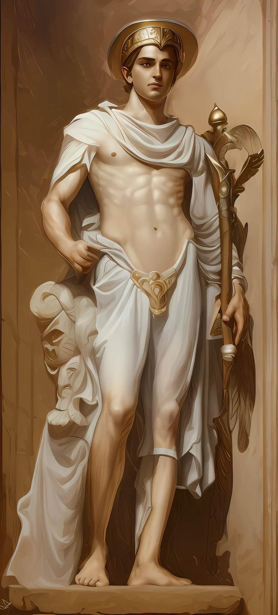 Hermes, greek god, god of travel and communication, youthful, agile, short brown hair, mischievous smile, adorned in a winged helmet and sandals, dressed in a flowing white chiton, holding a caduceus staff, standing in a vibrant marketplace filled with bustling merchants and travelers, showcasing his role as a messenger of the gods, intricate, elegant, highly detailed, digital painting, art by artgerm and artstation, masterpiece, one person only, extremely detailed, human skin, alive, detailed background, full body, marketplace, merchants, travelers, best quality, clean shaven, (((beardless))), young, male