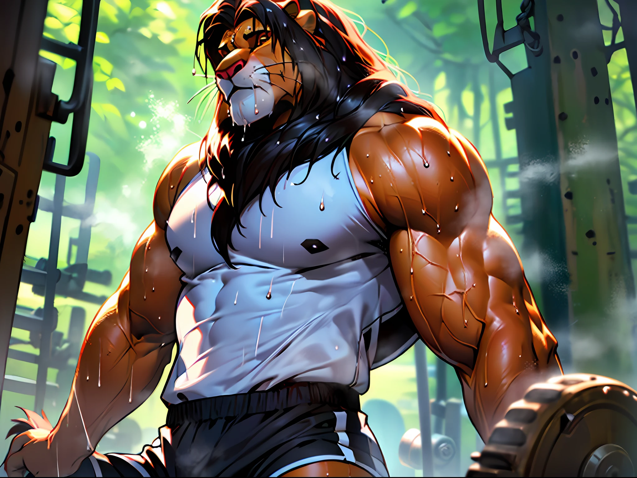 (upper body focus shot), ((solo)), anthro lion (lora; simba), adult, (athletic:1.4), (dense muscles), (correct anatomy:1.2), (broad shoulders:1.2), (heavy build, massive body:1.4), (realistic fur, detailed fur texture:1.3), detailed background (gym:1.3), photorealistic, (black compression shorts, genital outline:1.2), (bare torso:1.4), (detailed clothing), hyperrealistic, ultradetailed, by kenket, natural lighting, (sweat, wet, exhausted:1.4), epic, feline head, (steaming breath:1.4)