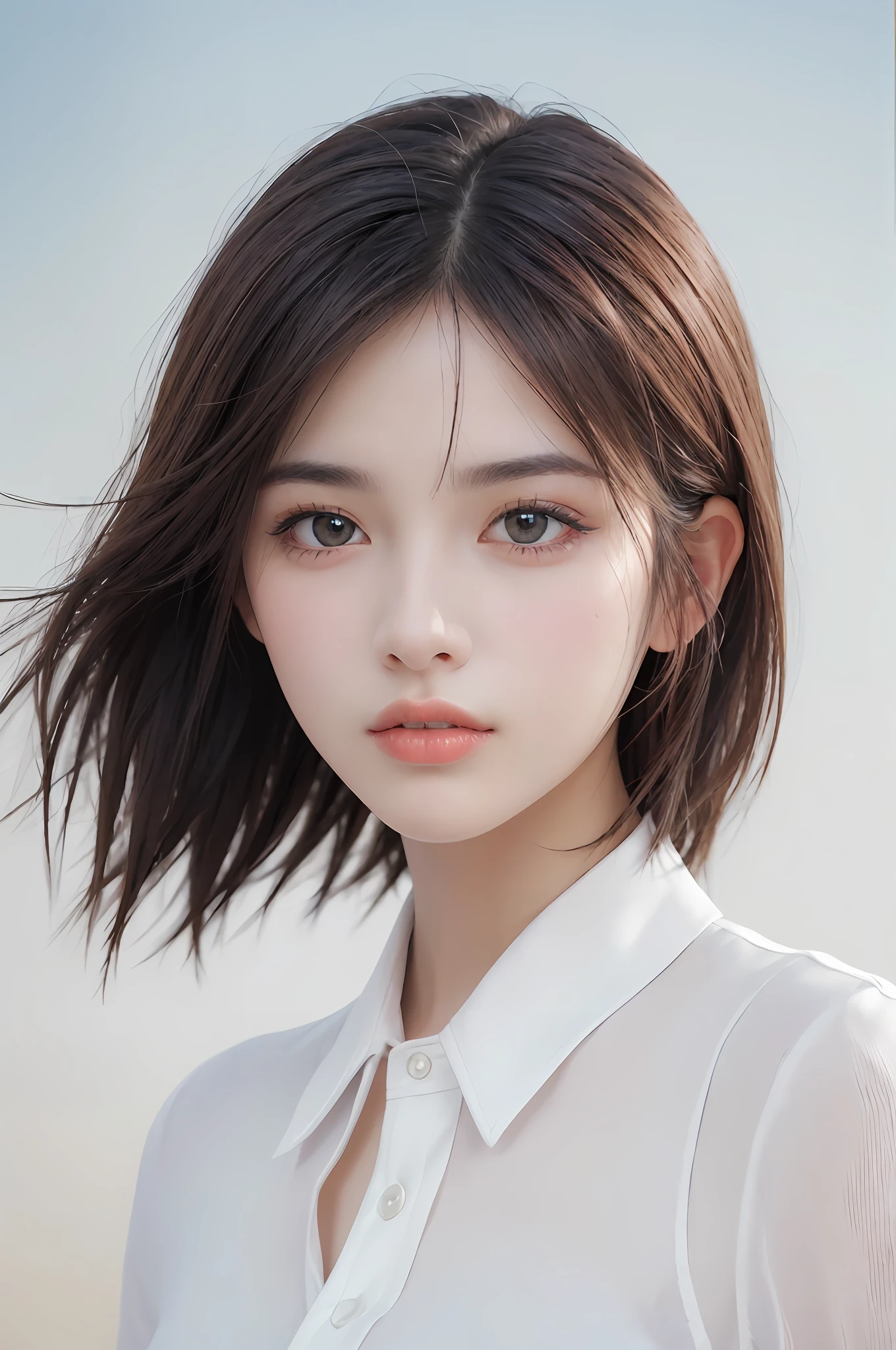 (Masterpiece: 1.3), (8k, Photorealistic, RAW Photo, Best Quality: 1.4), (1girl), Shallow depth of field, Face in focus, Soft Focus, Beautiful Face, (Realistic Face), (Black Hair, Medium Short: 1.3), Loose Wavy Hair, Hair that flutters and spreads in the wind, Short bangs, Realistic eyes, Dark brown eyes, highlights in pupils, beautiful detail eyes, (realistic skin), beautiful skin, (blouse with white collar), nothing grey background, absurdity, attractive, ultra high resolution, ultra realistic, high definition, golden ratio