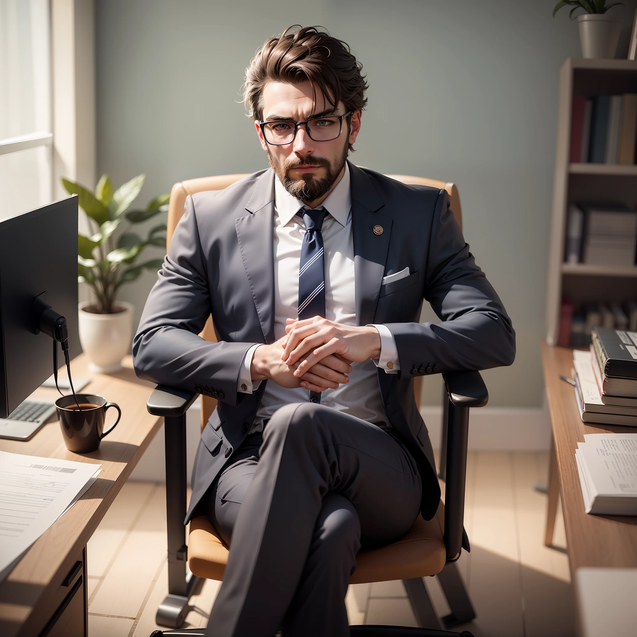 Create an ultra realistic image image in high quality real image a man in a stylish cross-legged suit sitting behind an office desk holding both hands in front of face bearded man