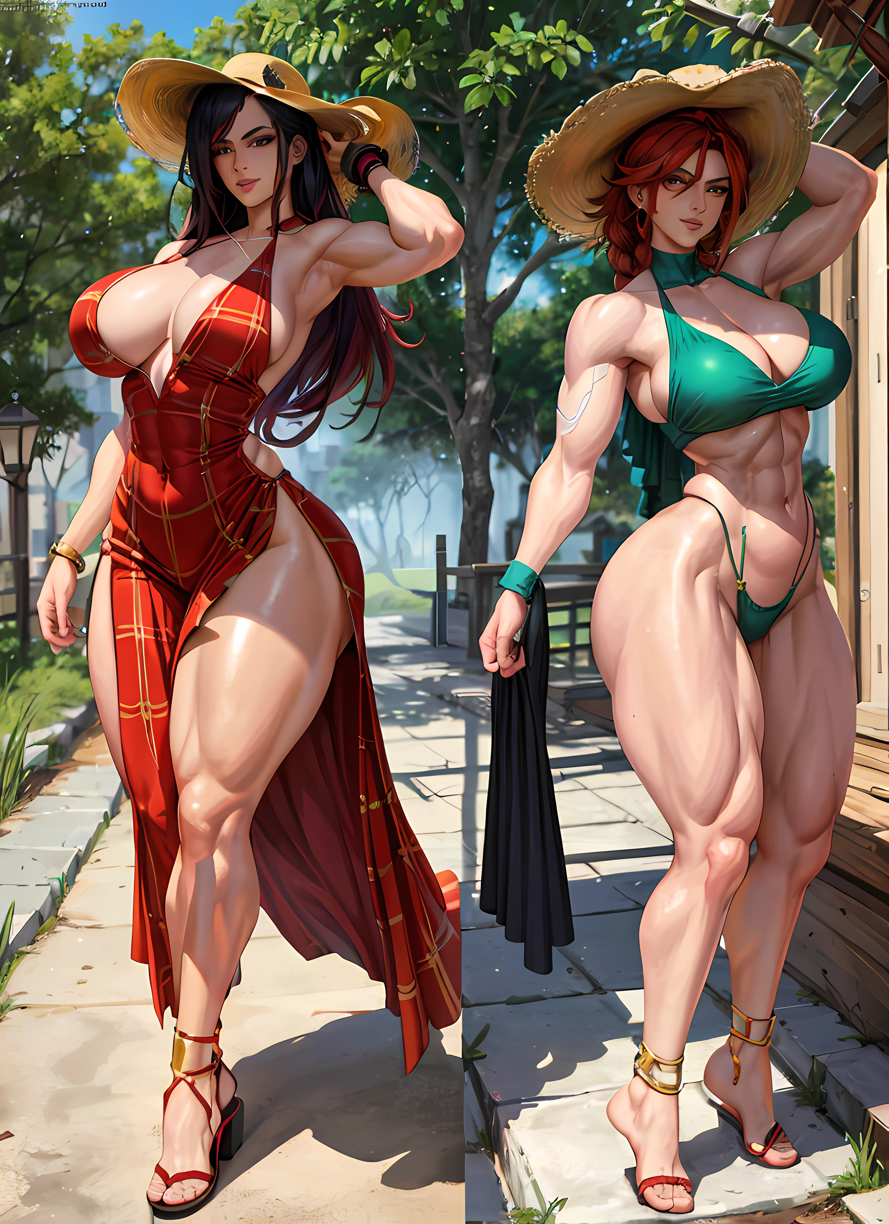 1 girl, beautiful, perfect lighting, muscular, thick thighs, mature woman, milf, navel, abdomen, looking at the viewer (masterpiece, high quality: 1.1), cowboy hat, freckles on body, barn, pale skin, red hair, braid, , short shorts, plaid shirt, skindentation, neckline, smile, thicc, cutesexyrobutts, cel-shaded art style, in fighter poses, highly detailed exquisite fanart, female protagonist 👀 :8, Commission for high resolution, fighter pose, full body commission for, high quality fanart, various pose, Cushart Kenz, King of Fighters character