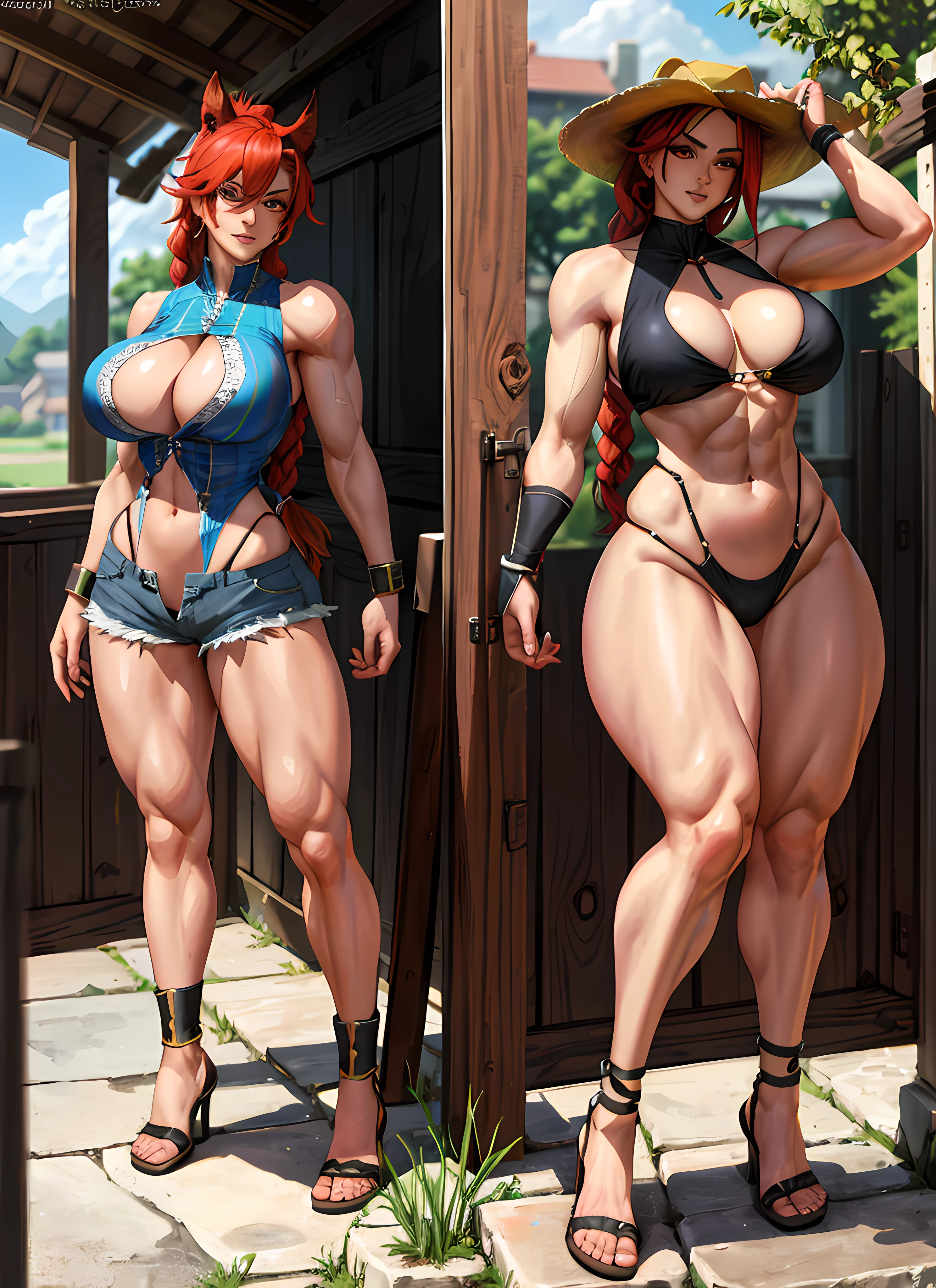 1 girl, beautiful, perfect lighting, muscular, thick thighs, mature woman, milf, navel, abdomen, looking at the viewer (masterpiece, high quality: 1.1), cowboy hat, freckles on body, barn, pale skin, red hair, braid, , short shorts, plaid shirt, skindentation, neckline, smile, thicc, cutesexyrobutts, cel-shaded art style, in fighter poses, highly detailed exquisite fanart, female protagonist 👀 :8,  Commission for high resolution, fighter pose, full body commission for, high quality fanart, various pose, Cushart Kenz, King of Fighters character