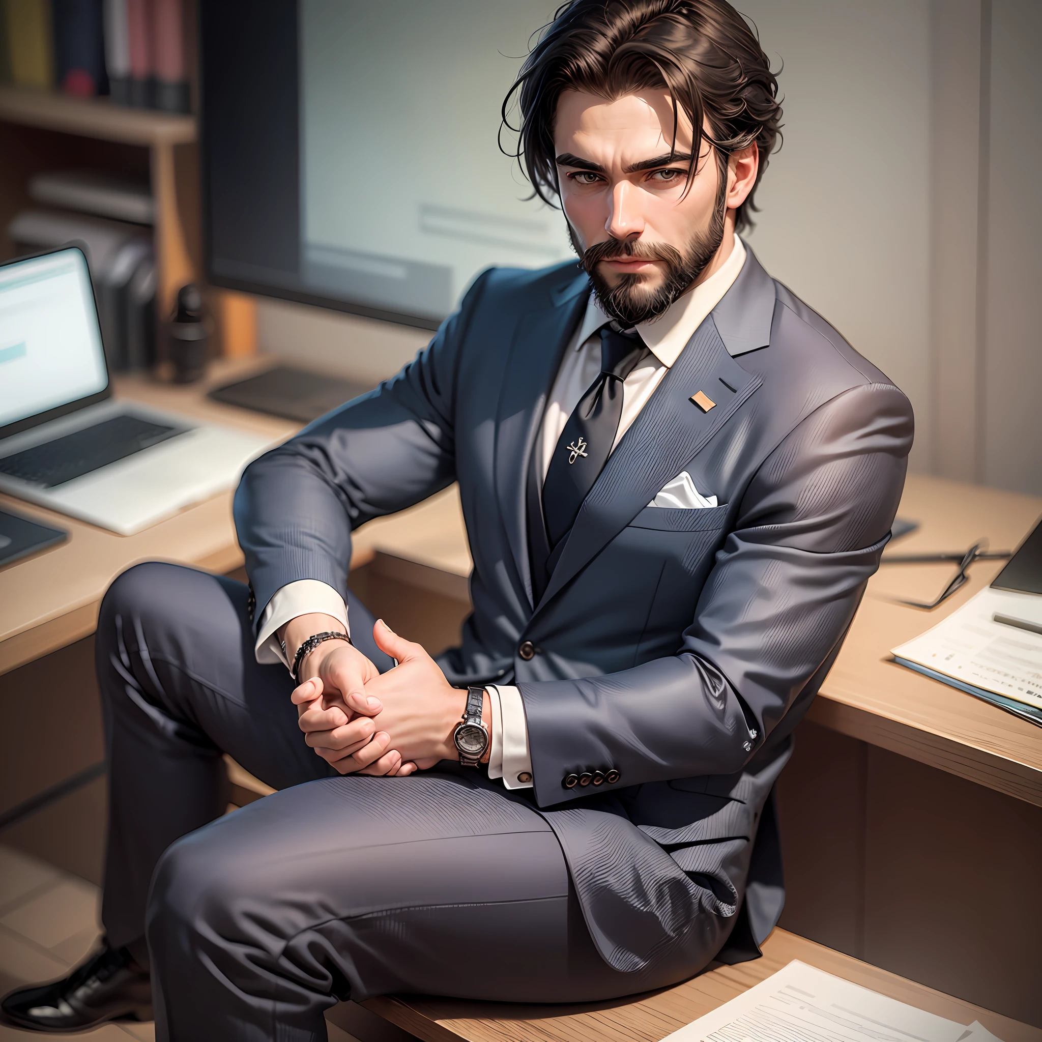 Create an ultra realistic image image in high quality real image a man in a stylish cross-legged suit sitting behind a luxurious office desk holding both hands in front of face bearded man --auto