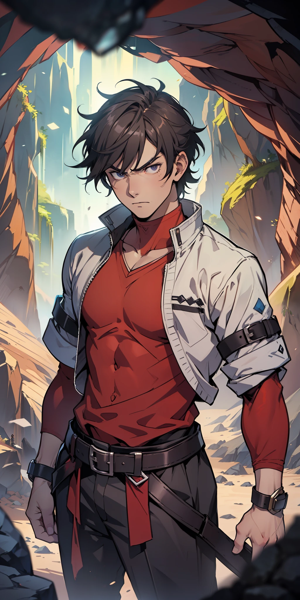 ((masterpiece)), ((manga)), ((Solo Leveling)), ((male character)), ((Sung Jinwoo)), ((guy)), ((man)), eyebrow, ( (ear)), ((serious expression)), hair, ((clothing)), (arms), standing, ((background scenery)), ((inside the cave)), ((isekai)), pov , ((viewer view))