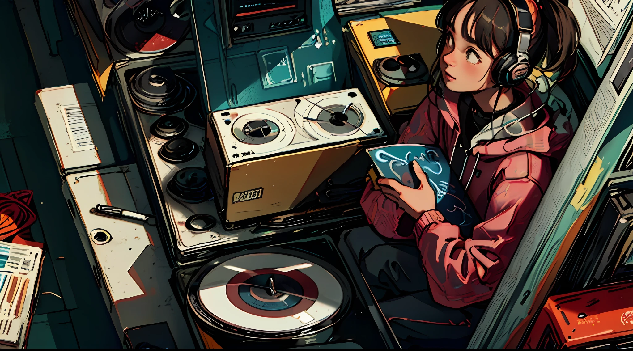 (longshot), wideshot, (movie noise), old cartoon, (many records: 1.3), vinyl record shop, (masterpiece, high quality, highest quality, official art, beautiful and aesthetic: 1.2), (woman listening to music with 1 headphones), very detailed, (fractal art: 1.4), supreme detail, guitar, (notes: 1.4), (lo-fi hip-hop), front view, drawing texture, solo, speaker, vinyl