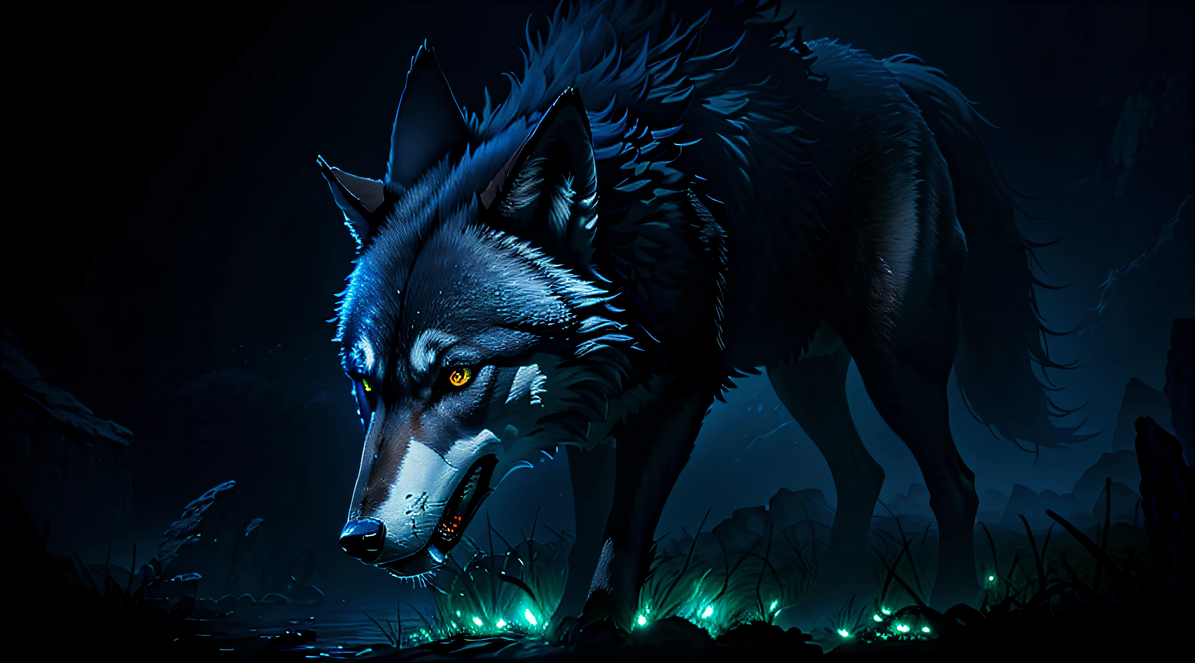 masterpiece, best quality, dark environment, backlit, blue moon, wolf, wolf head, wolf hair, (very detailed CG unified 8k wallpaper), (best quality), (best illustration), bow-waisted werewolf, close-up, focused face, depth of field, blurred background, black forest, (best shadows), detailed green eyes, ridiculous, realistic lighting, (abyss), beautifully detailed, Peter Morbach's work, fog,