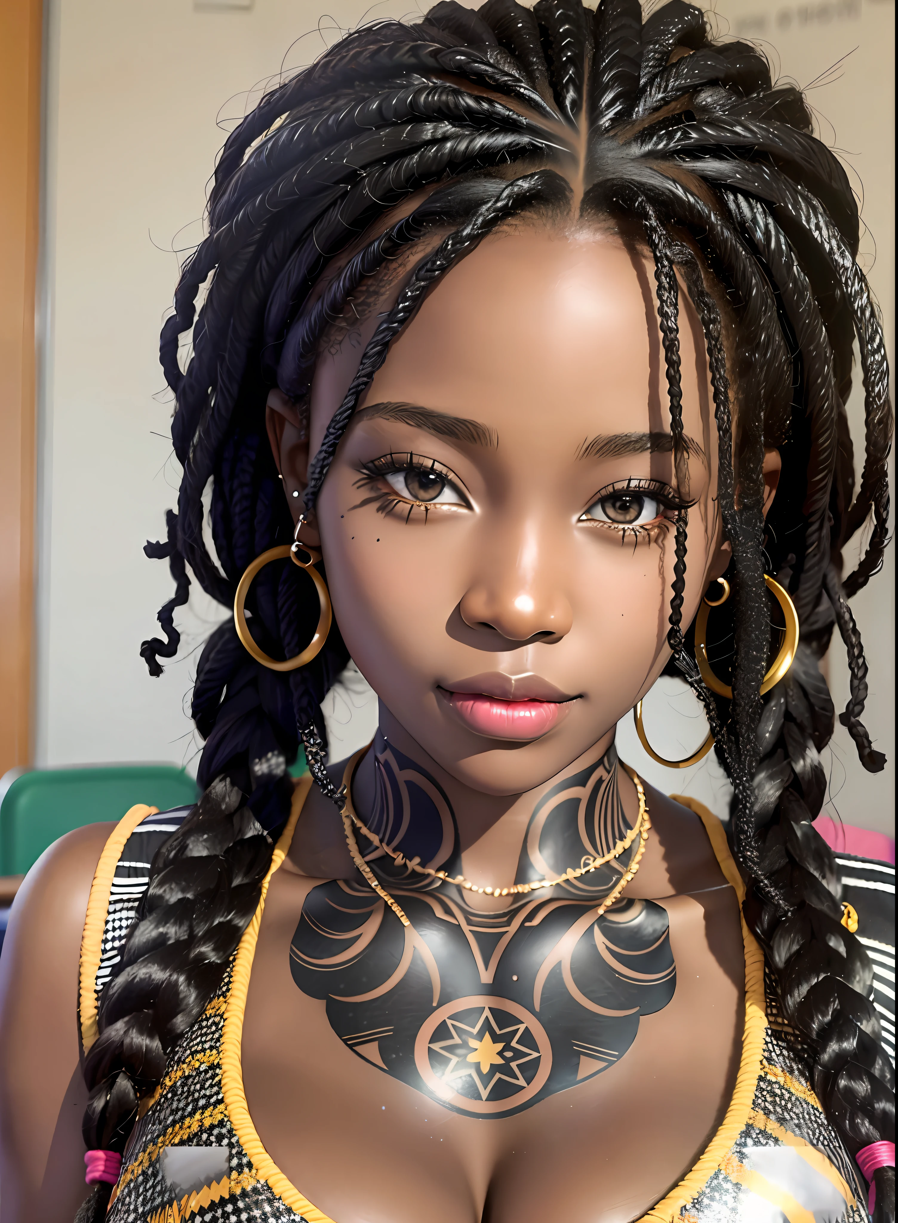 Photorealistic Beautiful black girl, African girl, school girl outfit, dark skin, dreadlocks, tattoos and piercings, cleavage, close-up portrait hyperrealism, in class