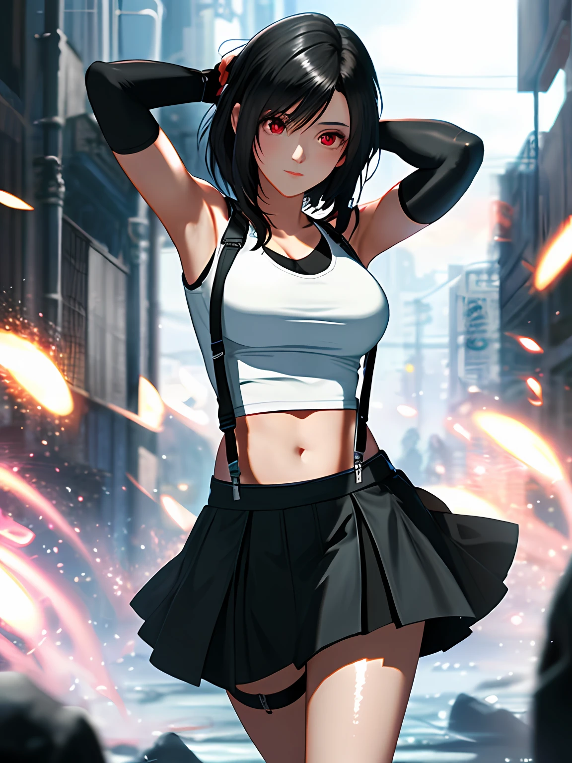 8k,masterpiece, bset quality,big, (1 girl), tifa lockhart, red_eyes, black hair, long hair, professional lighting, (shiny skin: 1.2), shiny big, ((best quality)), sharp focus: 1.2, highly detailed face and skin texture, detailed eyes, perfect face, perfect body, blur art, cg, backgroundBig with presence, 20yo, mature cool and beautiful face, worn ((Suspender Black Skirt), Black Elbow Gloves, White Taut Shirt, Tsi-Hi, White Tank Top), Blushing, Dynamic Pose, (Mittgal), Floating Hair, Random Pose, Short Cut Hair