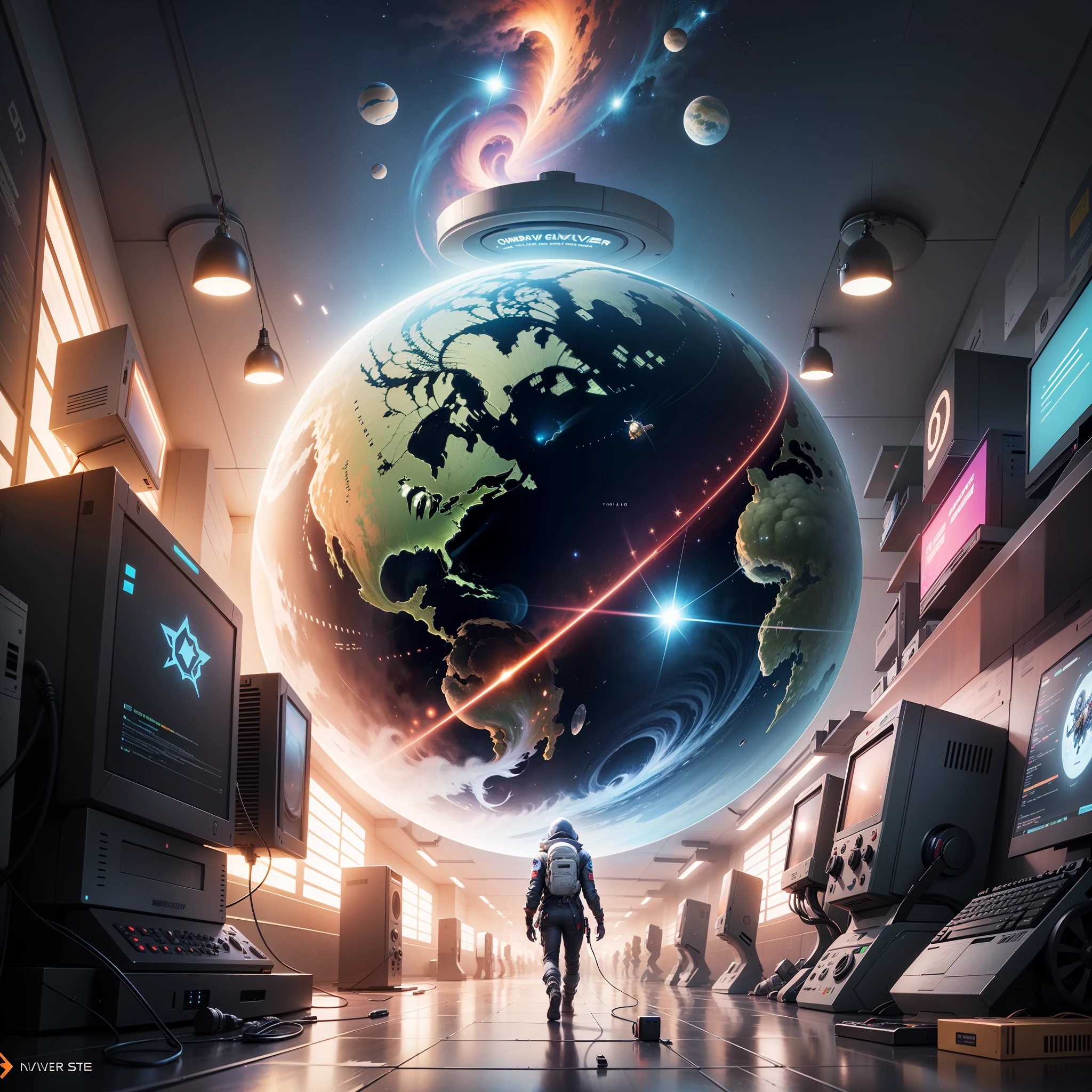 someone is playing a video game on a computer with a star in the background, threyda, the encrypted metaverse, game key art, key art, deeper into the metaverse we go, metaverse concept art, official artwork, borne space library artwork, beeple masterpiece, beeple artwork, background artwork, scifi art, computer game art --auto --s2
