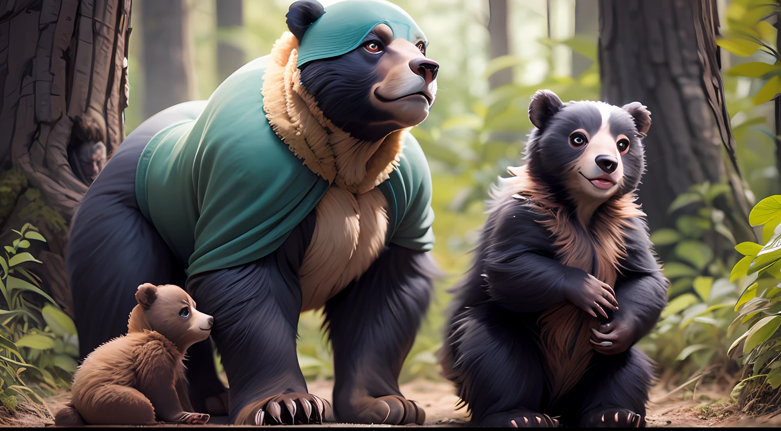 Warm and loving family of bears father, mother and cub --Warm and loving family of bears father, mother and cub and Captivating Forest.