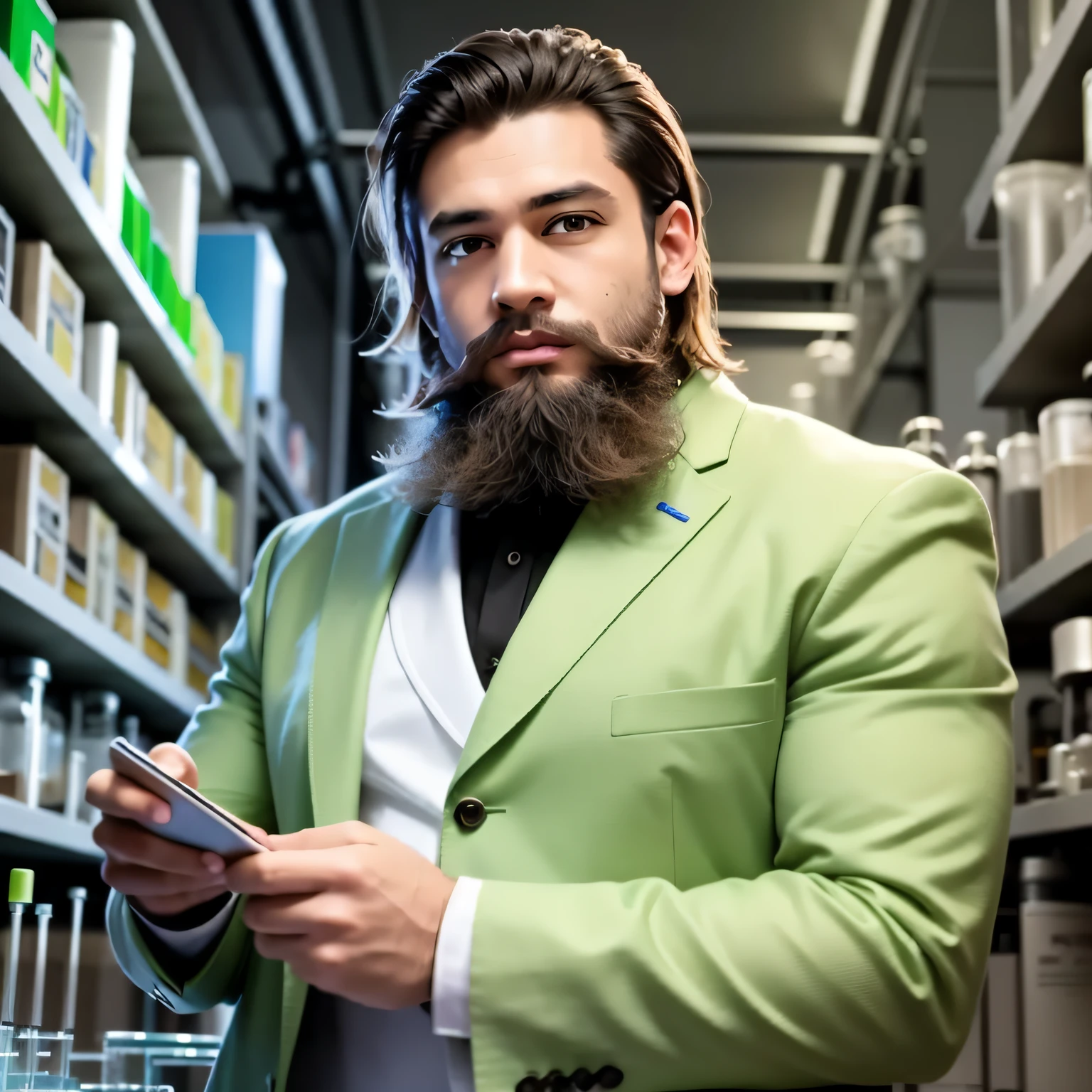Brazilian man with beard and a suit jacket in front of a shelf of laboratory equipment, portrait of a male hydromancer, fox face in a lab coat, he is in a laboratory alchemist, very attractive man with short beard, well-groomed model, elite scientist, clean beard, epic and elegant portrait, sharp-looking portrait,  Man with beard, green eyes