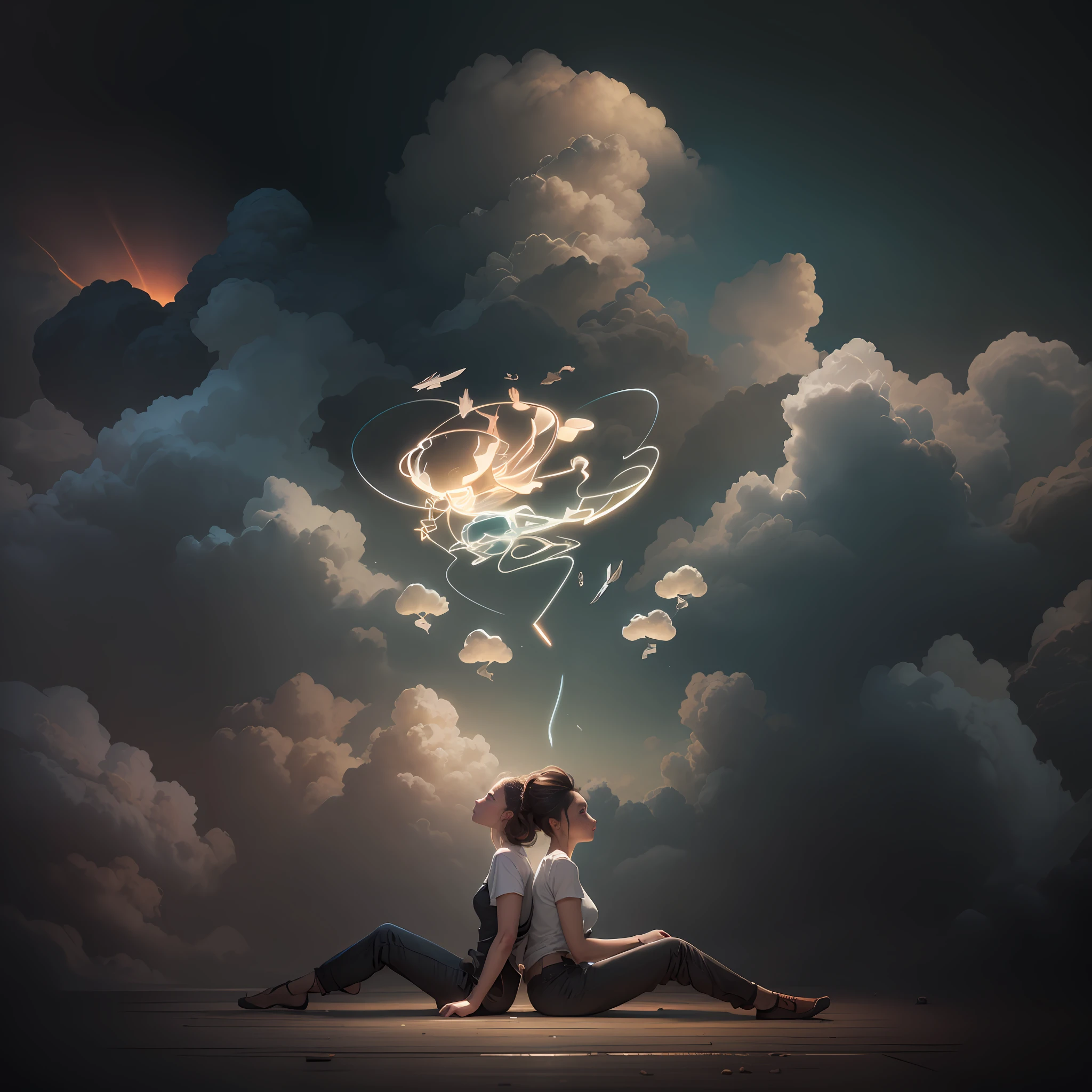 two women sitting on the floor with a drawing of a man and a woman, promotional art, thinking pose, dramatic thinking pose, promotional image, thoughtful), ad image, thinker pose, full image, expressive pose, thoughtful, next generation, looking at each other without thinking, artistic interpretation, artistic impression, generation z, expressive poses, photo shoot, thoughts, whirling, clouds thoughts with rays sad weather inside an empty room, face in hand, hiding face, sad action, realistic, super realistic