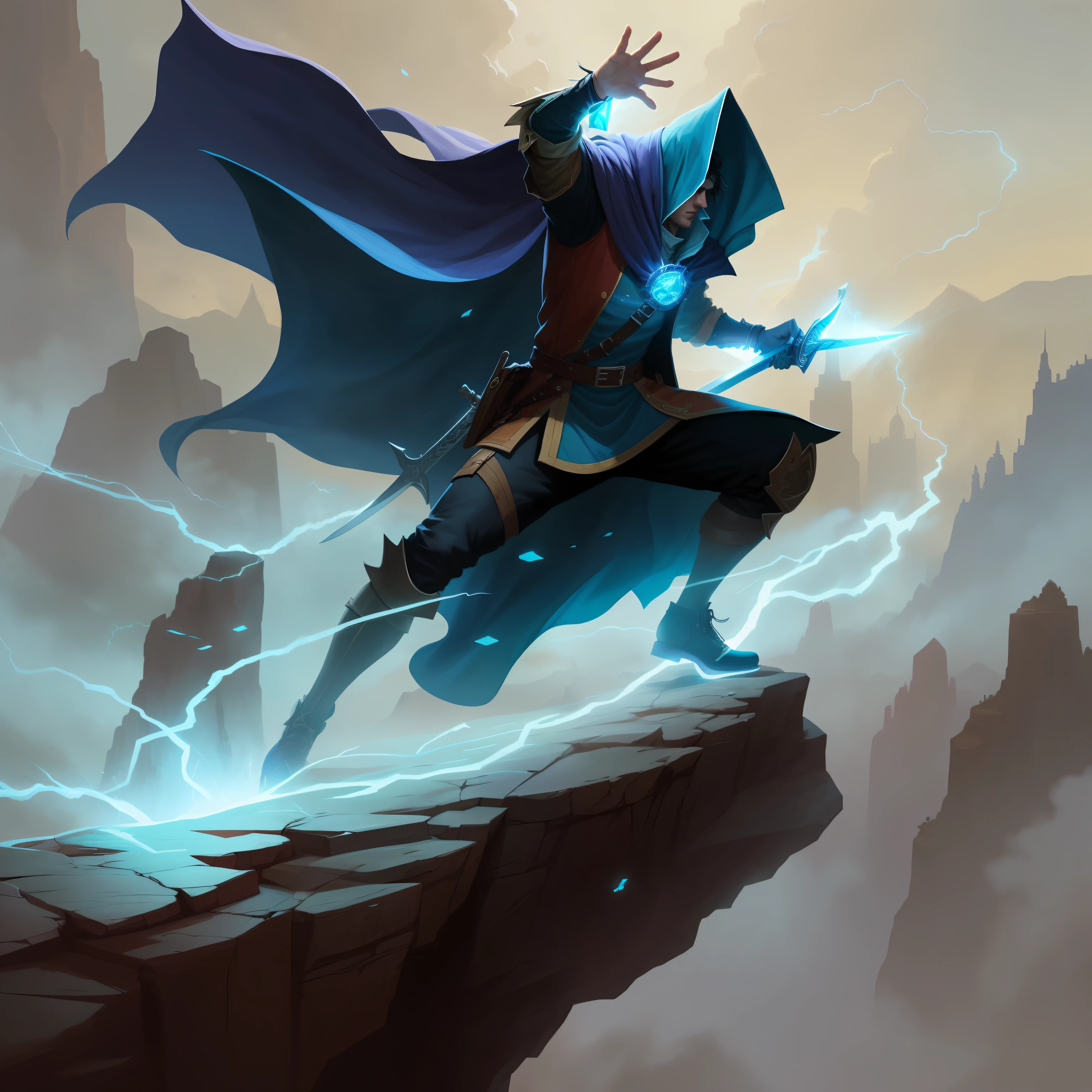 there is a man that is standing on a cliff with a sword, kaladin stormblessed, d & d digital painting, noah bradley. sharp focus, d & d fantasy digital painting, high quality dnd illustration, full portrait of electromancer, fantasy card game art, d & d fantasy digital art, by Noah Bradley, by Johannes Helgeson