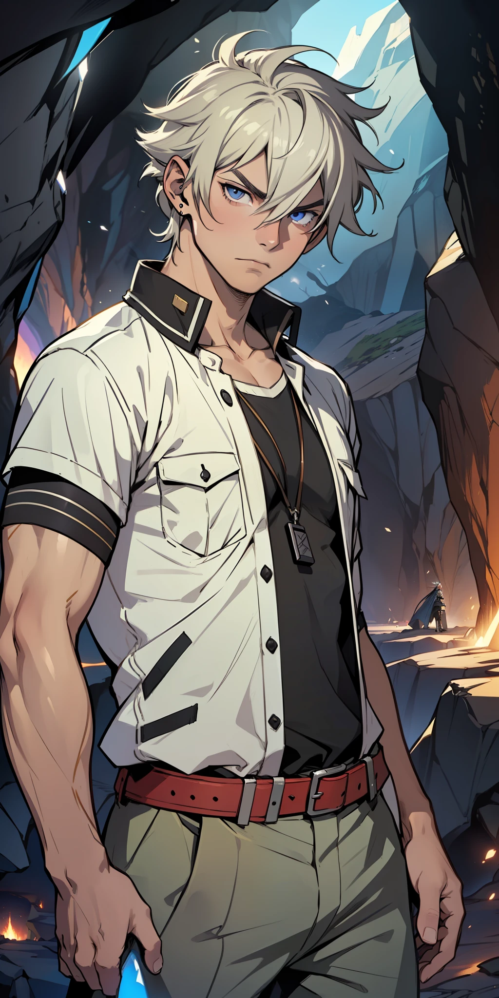 ((masterpiece)), ((manga)), ((Solo Leveling)), ((male character)), ((Sung Jinwoo)), ((guy)), ((man)), ((Effect in the eyes)), eyebrow, ((ear)), ((serious expression)), hair, ((clothing)), (arms), standing, ((background scenery)), ((inside the cave)) , ((details in the cave)), ((isekai world))