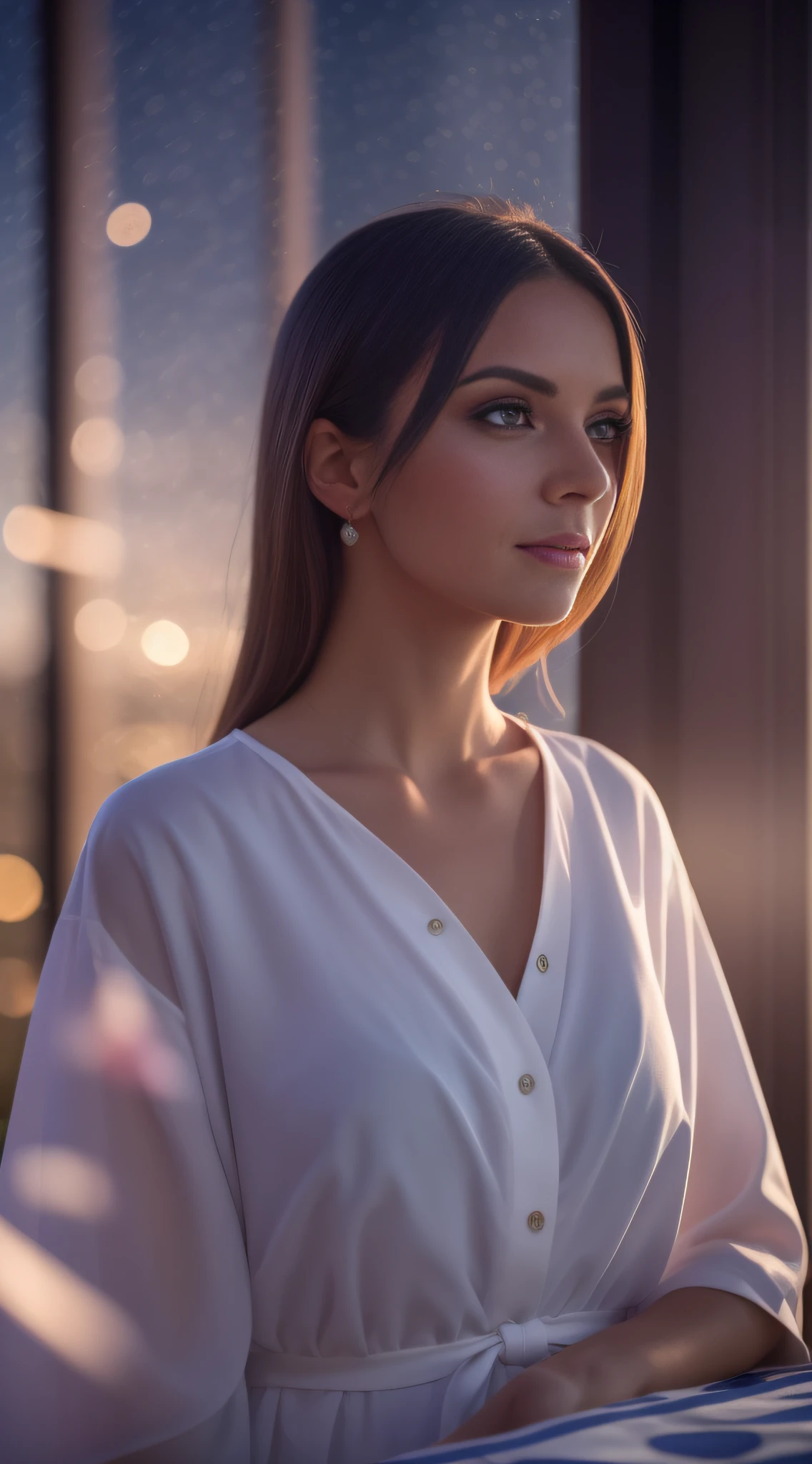 Stunning woman standing looking out next to a large table with an amazing tablecloth. sunbeams through that big neoclassical white window in the blue hour. depht-of-field, bokeh, (frontlighting:1.2), (backlighting:0.75), (fill light:0.9), bloom, chromatic aberration, (lens flare:1.2), masterpiece, winning photo,