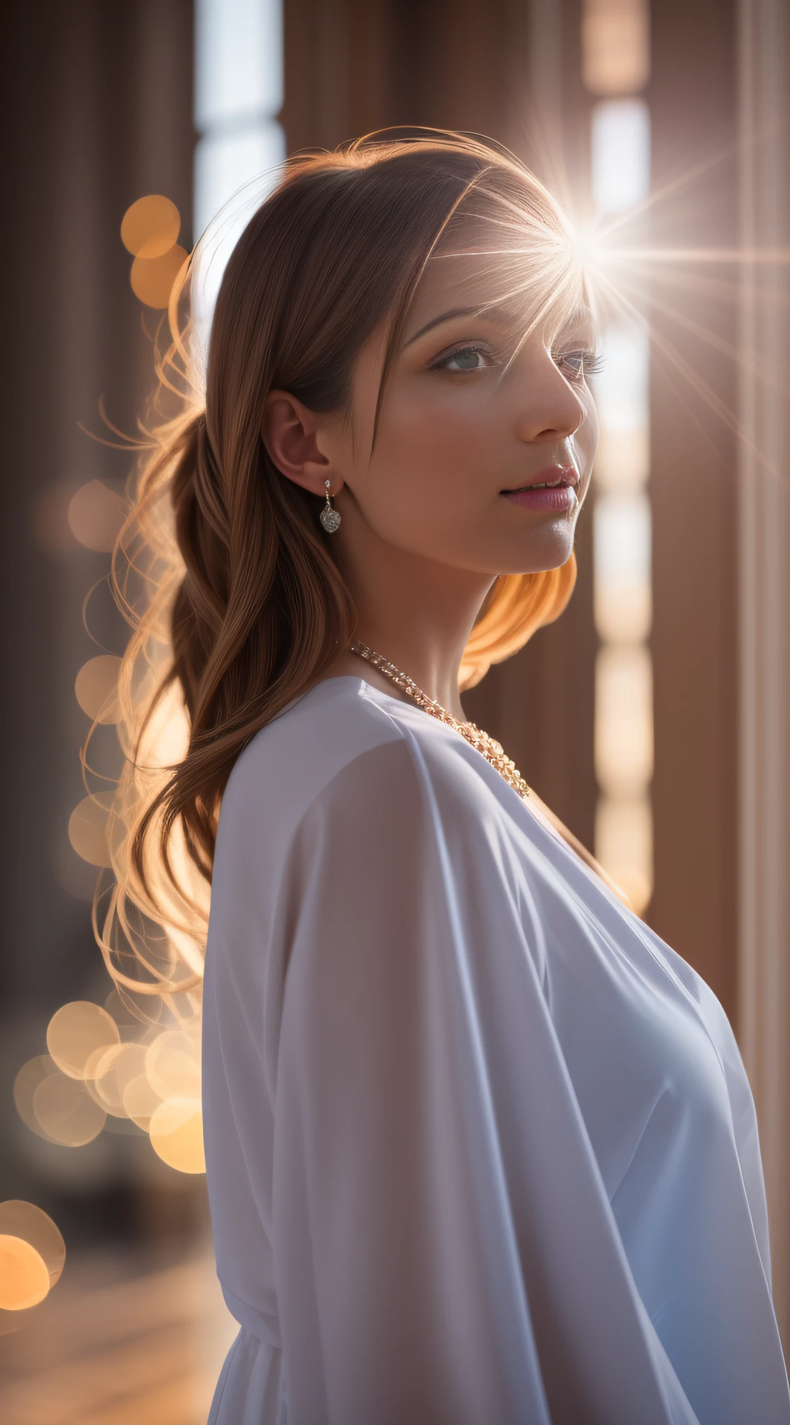 Stunning woman standing looking out next to a large table with an amazing tablecloth. sunbeams through that big neoclassical white window in the blue hour. depht-of-field, bokeh, (frontlighting:1.2), (backlighting:0.75), (fill light:0.9), bloom, chromatic aberration, (lens flare:1.2), masterpiece, winning photo,