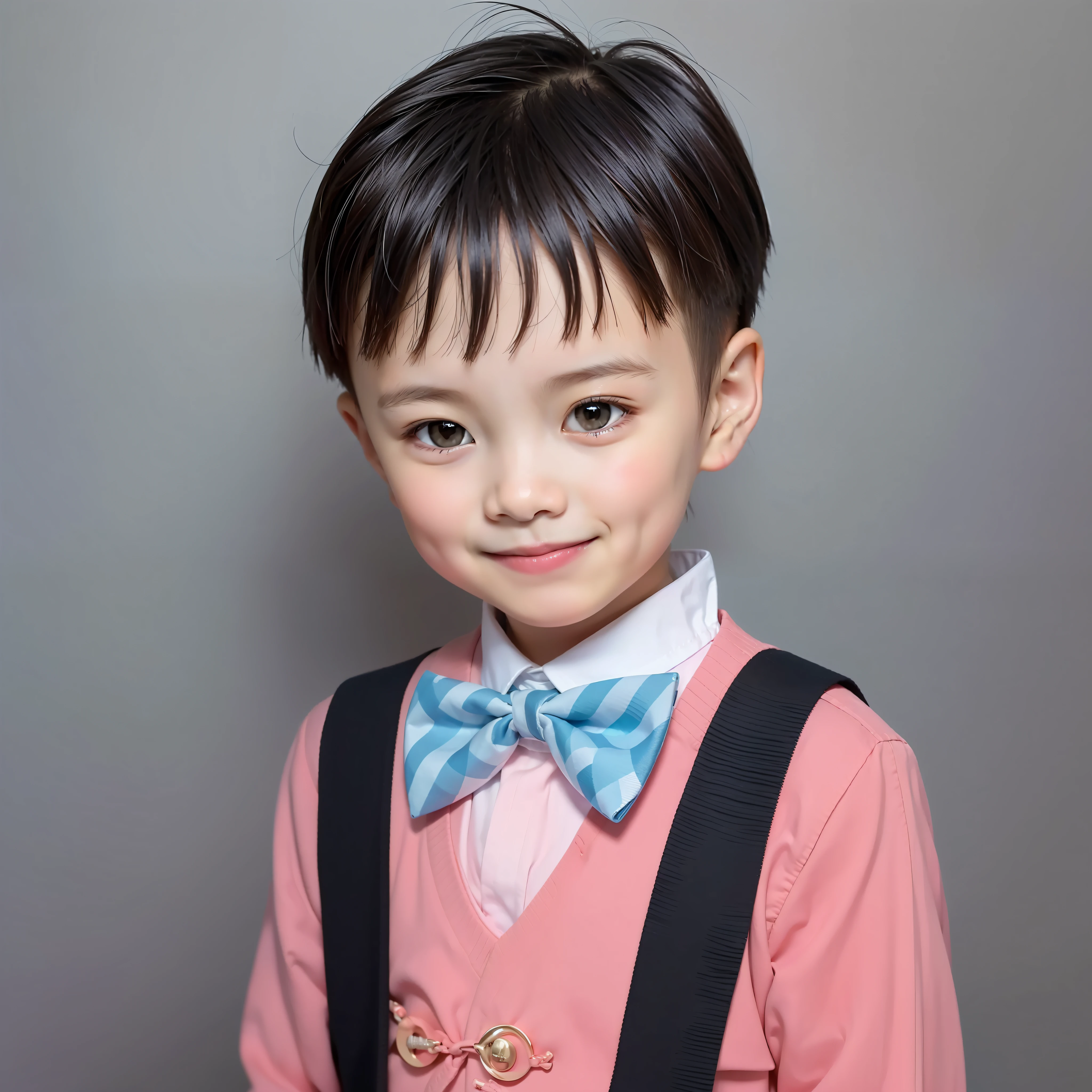 Modern style, white background, Chinese children's ID photo, handsome, smiling boy, black eyes, flat head, bow tie