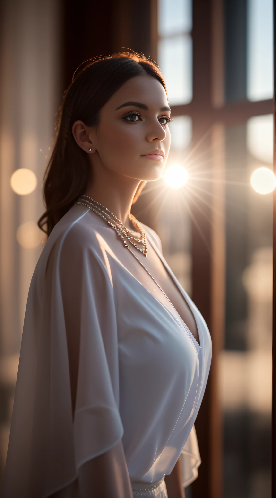Stunning woman standing looking out next to a large table with an amazing tablecloth. sunbeams through that big neoclassical white window in the blue hour. depht-of-field, bokeh, (frontlighting:1.2), (backlighting:0.75), (fill light:0.9), bloom, chromatic aberration, (lens flare:1.2), masterpiece, winning photo,