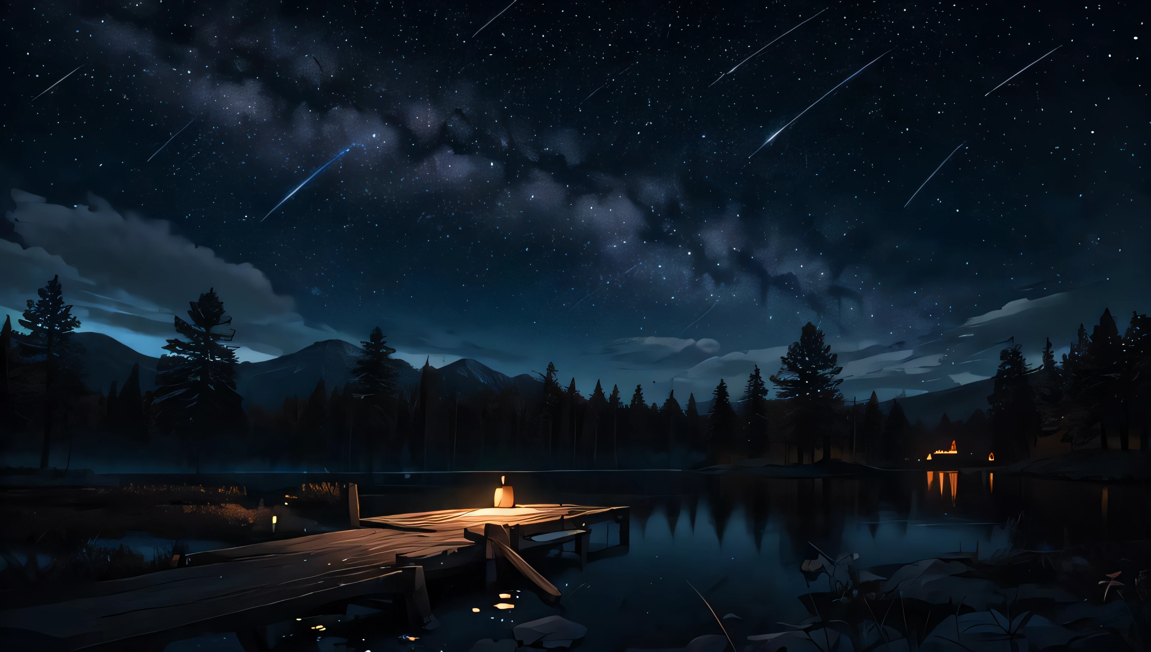 illustration, cartoon, soothing tones, calm colors, beautiful landscape, forest, lake, dark night, nabula, starry sky, shooting stars, 8k, best quality, by ilya kuvshinov, by makoto shinkai