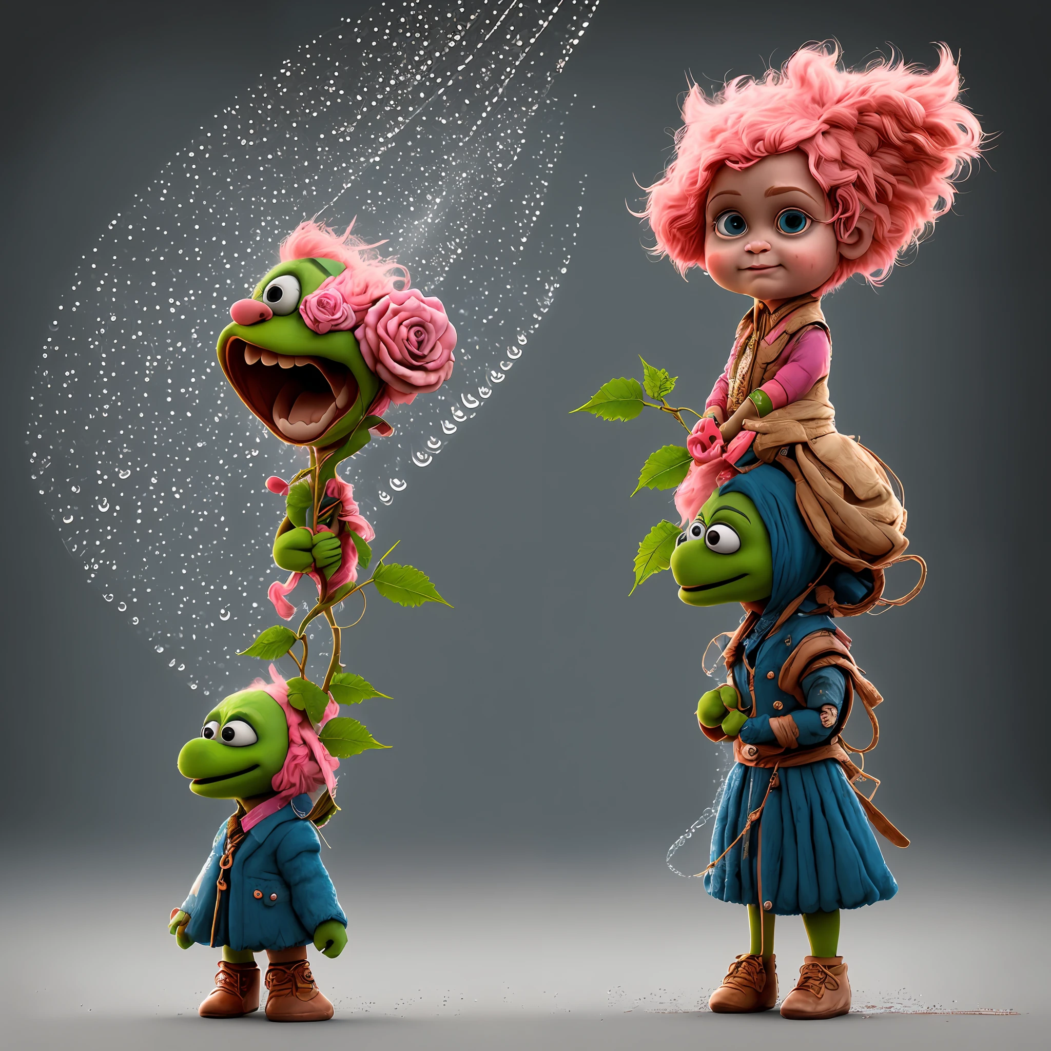 Digital art by Ray Caesar and Hannah Hch and Yohji Yamamoto, of a beautiful young woman in an action pose, pink hair, smile, centered in frame, wide shot, perky breasts, mask, pop surrealism, neo-dada, spectacular, spectacle, psychedelic, forced perspective, feminist art, empowering, masterpiece, private collection, curated collection, ((rose ivy)), behance, 3d render, cracked clay, gothic, bright colors, oversaturated, depth, spirals, fibonacci sequences, ((shells)), wings, muppet show, butterflies, flowers, gears, tunnels, surreal environment, fractals geometry, game assets, city scene, modern makeup, long eyelashes, ((rain drops)), chiffon dress, bracelets, punk rock, ((subversive art)), dirty, grime, dingey, mid cut jeans, specular highlights, reflections, ambient occlusion render, detailed, Marching squares, ((iso lines)), armature, detailed, elaborate, complex, desert, mountains, carriages, tiny robots, peanuts, cans, cars, stormy sky, moonlight, cats, dogs, muppets, (cloudport:0.7)