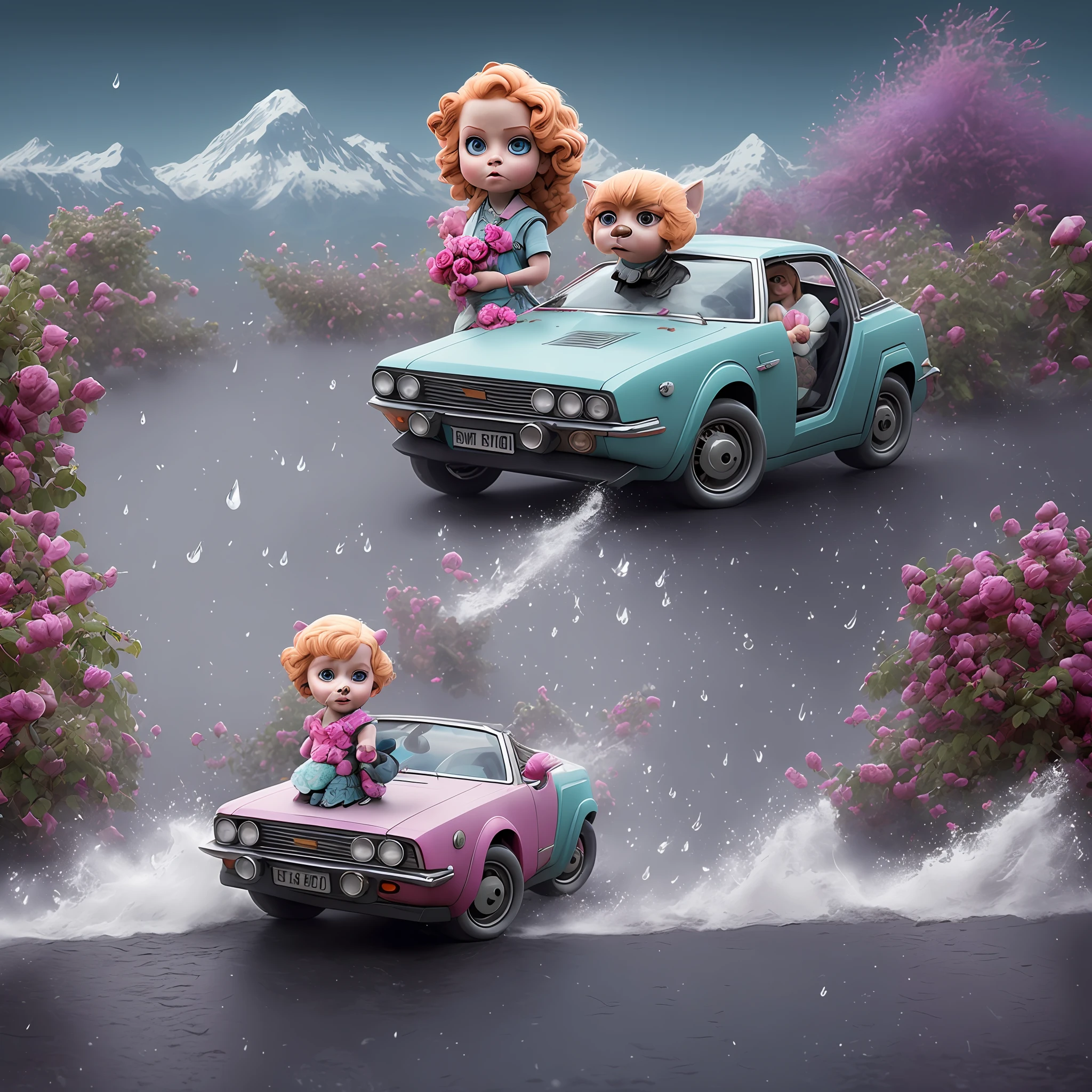 Digital art by Ray Caesar and Hannah Hch and Yohji Yamamoto, of a beautiful young woman in an action pose, pink hair, smile, centered in frame, wide shot, perky breasts, mask, pop surrealism, neo-dada, spectacular, spectacle, psychedelic, forced perspective, feminist art, empowering, masterpiece, private collection, curated collection, ((rose ivy)), behance, 3d render, cracked clay, gothic, bright colors, oversaturated, depth, spirals, fibonacci sequences, ((shells)), wings, muppet show, butterflies, flowers, gears, tunnels, surreal environment, fractals geometry, game assets, city scene, modern makeup, long eyelashes, ((rain drops)), chiffon dress, bracelets, punk rock, ((subversive art)), dirty, grime, dingey, mid cut jeans, specular highlights, reflections, ambient occlusion render, detailed, Marching squares, ((iso lines)), armature, detailed, elaborate, complex, desert, mountains, carriages, tiny robots, peanuts, cans, cars, stormy sky, moonlight, cats, dogs, muppets, (cloudport:0.7)