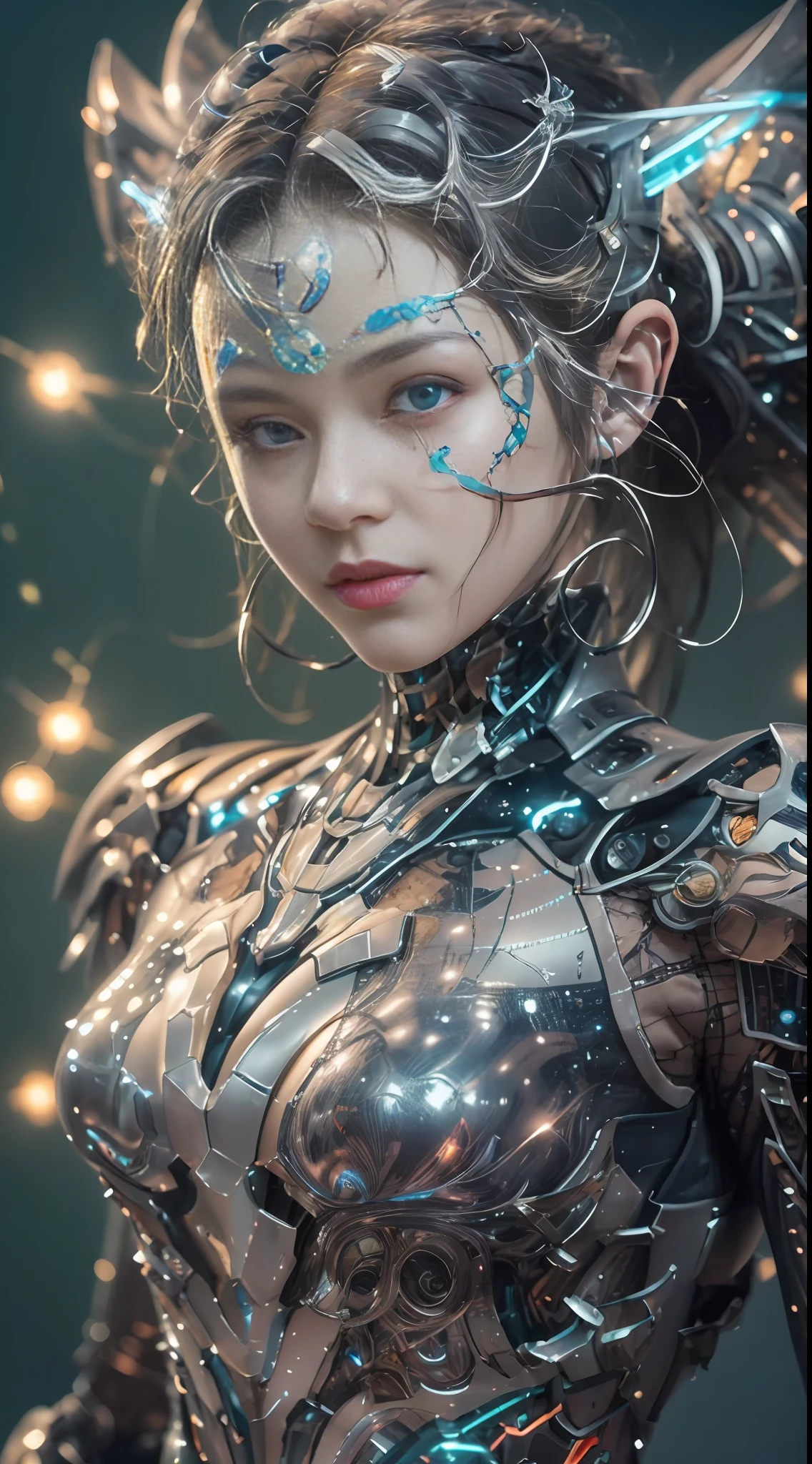 Masterpiece, best quality, super detailed, very detailed illustrations, very detailed, intricate details, high resolution, super complex details, very detailed 8k cg wallpaper, 50MM lens, caustics, reflections, ray tracing, nebulae, dark halos, network effects, (1girl:1.4), solo, alone, mecha musume, mechanical parts, robot joints, single mechanical arm, headgear, mechanical halo, star halo, electric mechanical bodysuit, mecha corset, kimono, full armor, very long hair, white hair, hair between eyes, multicolored hair, blue eyes, glowing eyes, random expression, random action, ancient chinese architecture, starry sky, skyline,