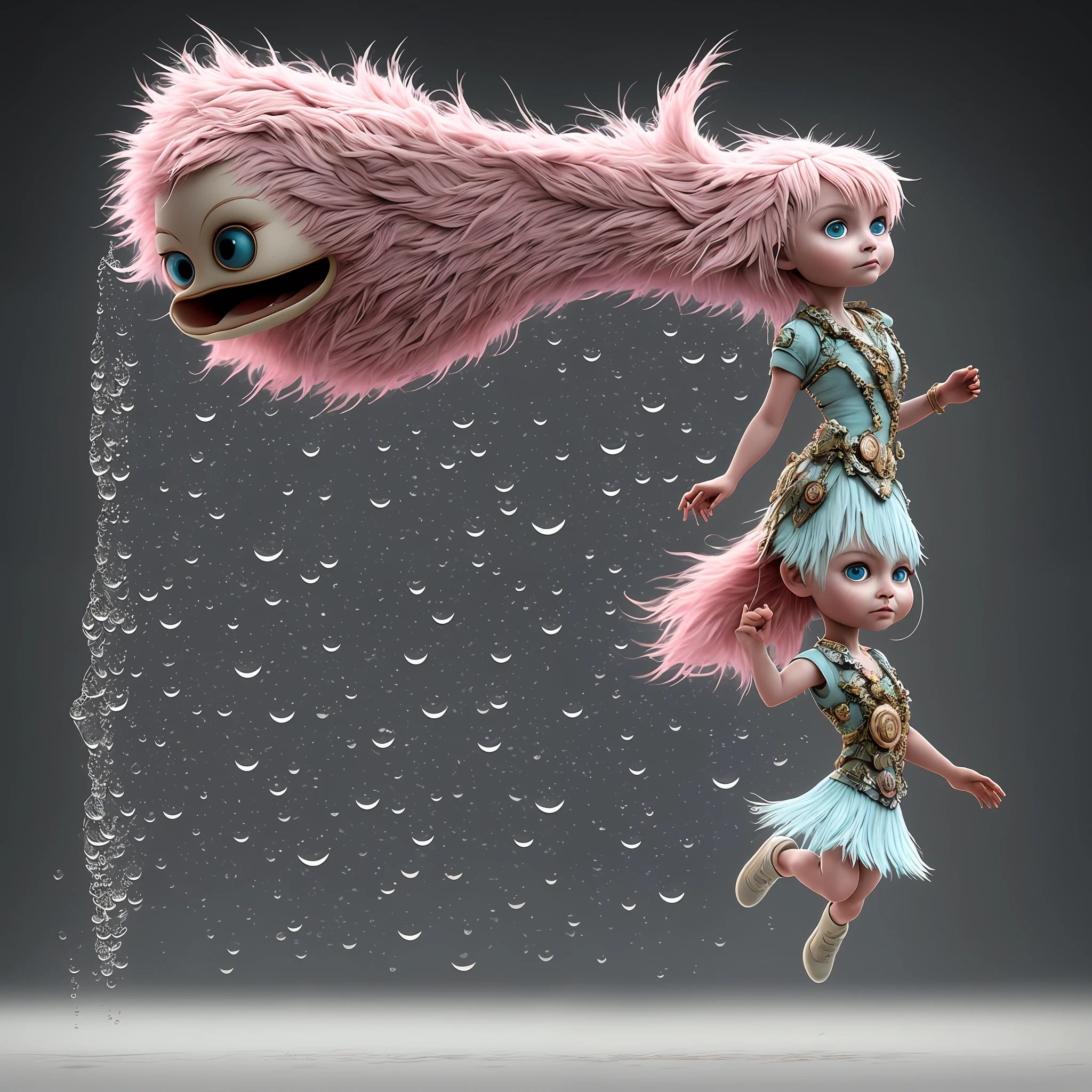 Digital art by Ray Caesar and Hannah Hch and Yohji Yamamoto, of a beautiful young woman in an action pose, pink hair, smile, centered in frame, wide shot, perky breasts, mask, pop surrealism, neo-dada, spectacular, spectacle, psychedelic, forced perspective, feminist art, empowering, masterpiece, private collection, curated collection, ((rose ivy)), behance, 3d render, cracked clay, gothic, bright colors, oversaturated, depth, spirals, fibonacci sequences, ((shells)), wings, muppet show, butterflies, flowers, gears, tunnels, surreal environment, fractals geometry, game assets, city scene, modern makeup, long eyelashes, ((rain drops)), chiffon dress, bracelets, punk rock, ((subversive art)), dirty, grime, dingey, mid cut jeans, specular highlights, reflections, ambient occlusion render, detailed, Marching squares, ((iso lines)), armature, detailed, elaborate, complex, desert, mountains, carriages, tiny robots, peanuts, cans, cars, stormy sky, moonlight, cats, dogs, muppets, (cloudport:0.7)