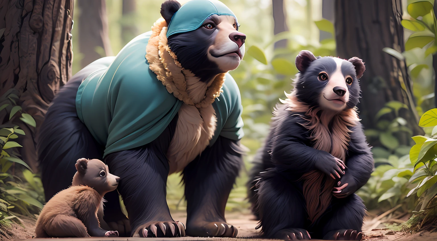 Warm and loving family of bears father, mother and cub --Warm and loving family of bears father, mother and cub and Captivating Forest.