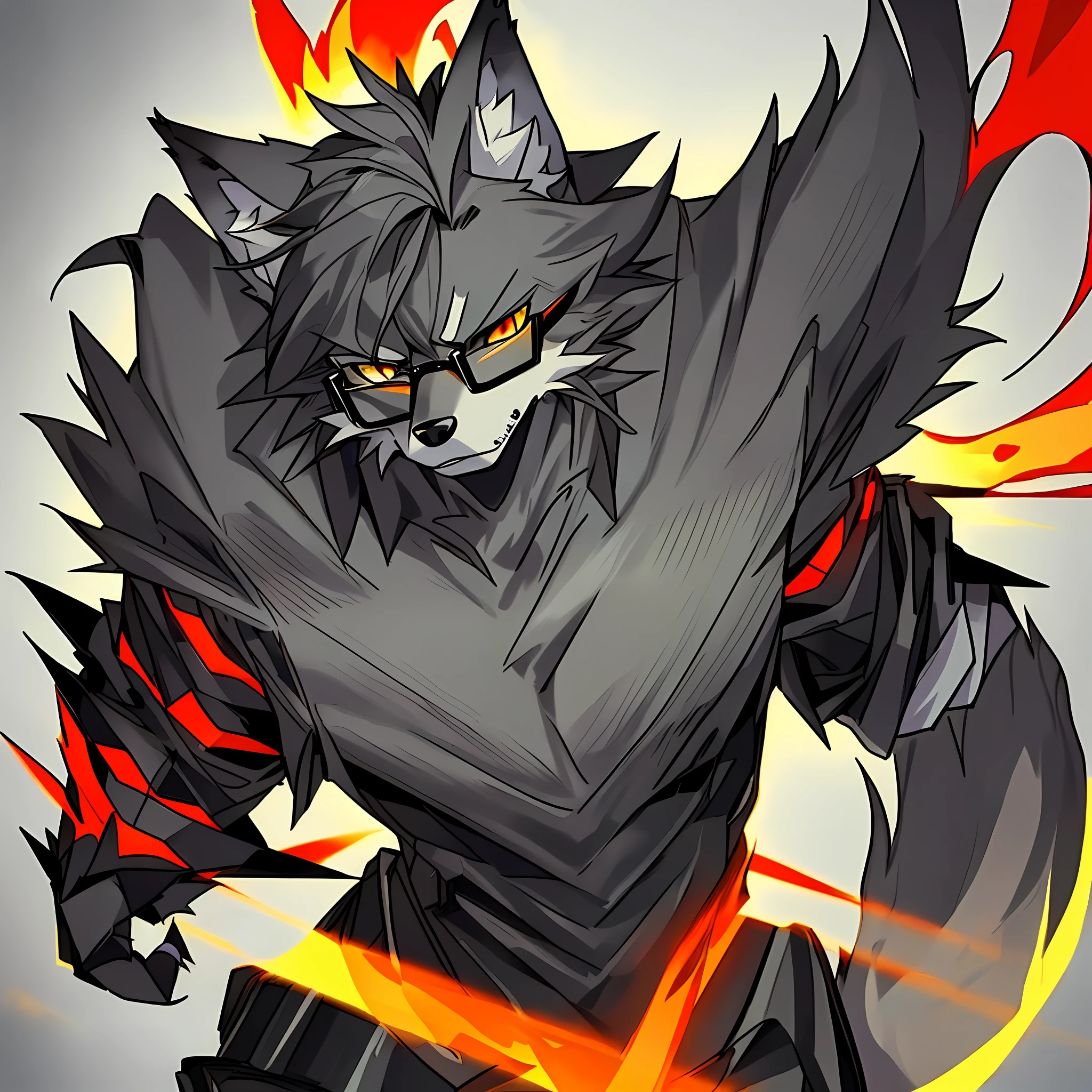 (Best Quality), (Masterpiece), ((Single))(Ultra Detailed), (Furry), (Male Wolf: 1.5), (Black Fur: 1.3), (Fluffy Tail: 1.2), (Golden Yellow and Red Eyes), (Sharp Claws), (Grey Ears), (Serious Look), Sharp Focus, (Furry Animal Ears), Suit, Single-rimmed Glasses